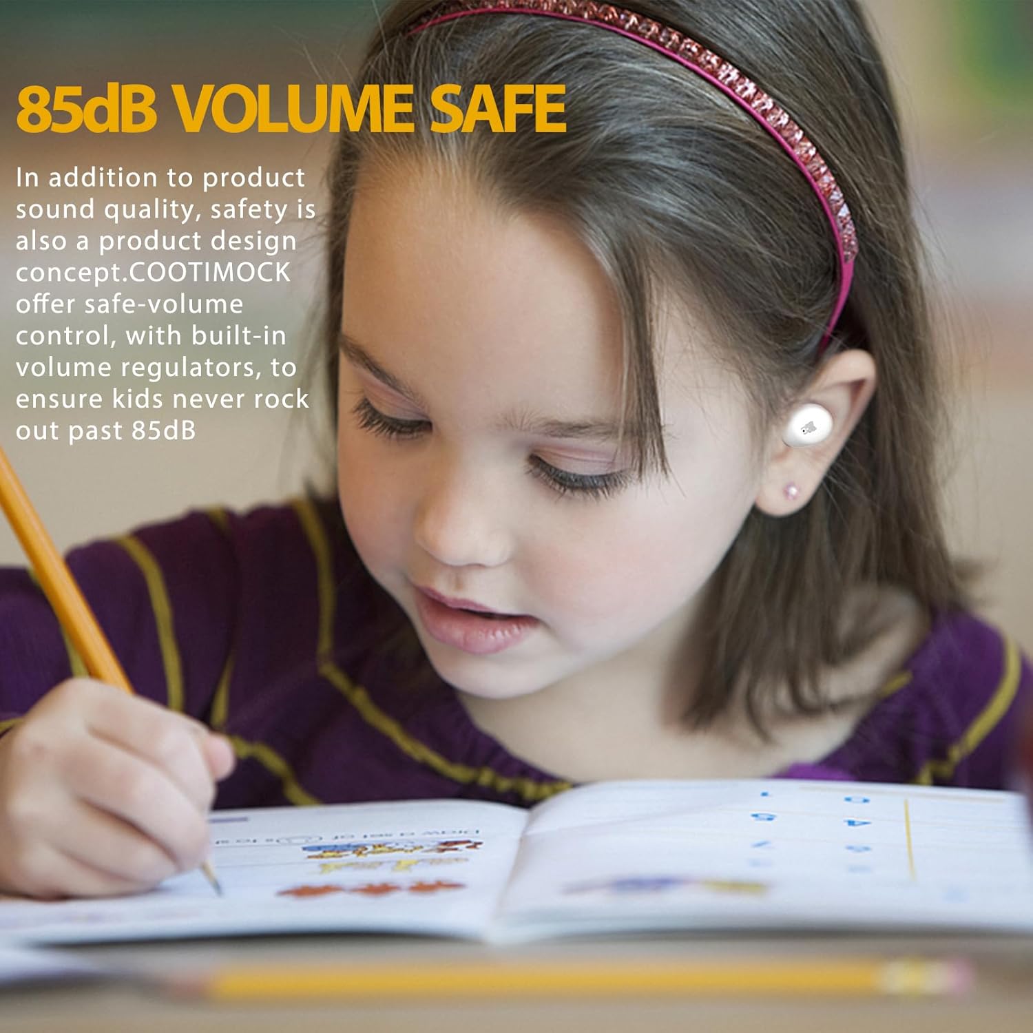 Detalle de COOTIMOCK Kids Earbuds with 85dB volume limit, Bluetooth 5.3, mic & up to 30H playtime