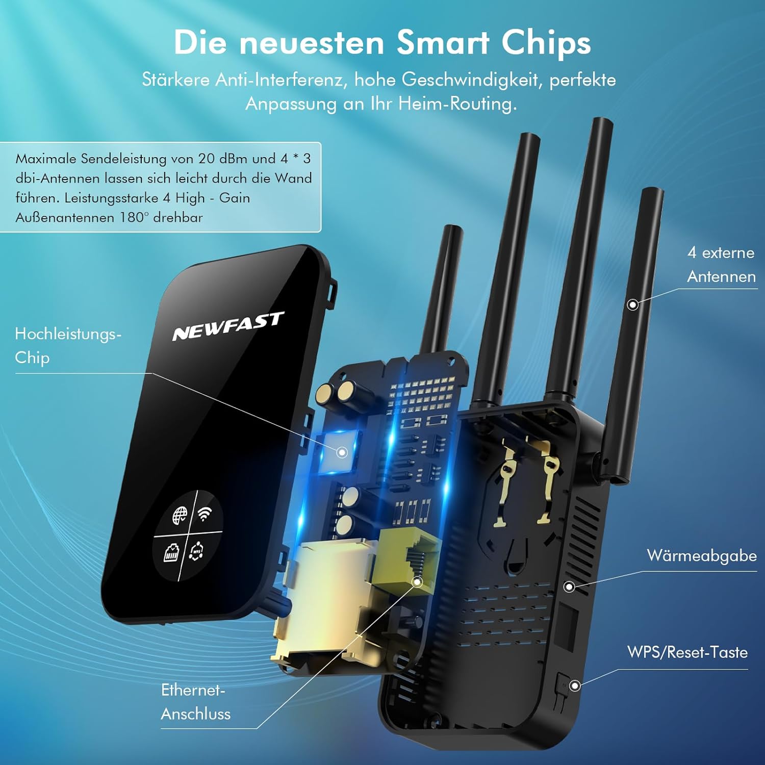 Thumbnail 3 de NEWFAST WLAN-Verstärker 1200 Mbit/s Dualband WiFi Repeater mit WPS, 4 schwenkbaren Antennen und Ethernet-Port