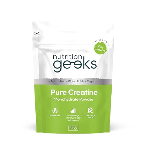 Detalle de Nutrition Geeks Pure Creatine Monohydrate Powder – 315g (90 Servings), Unflavoured, Micronised & Easy to Dissolve