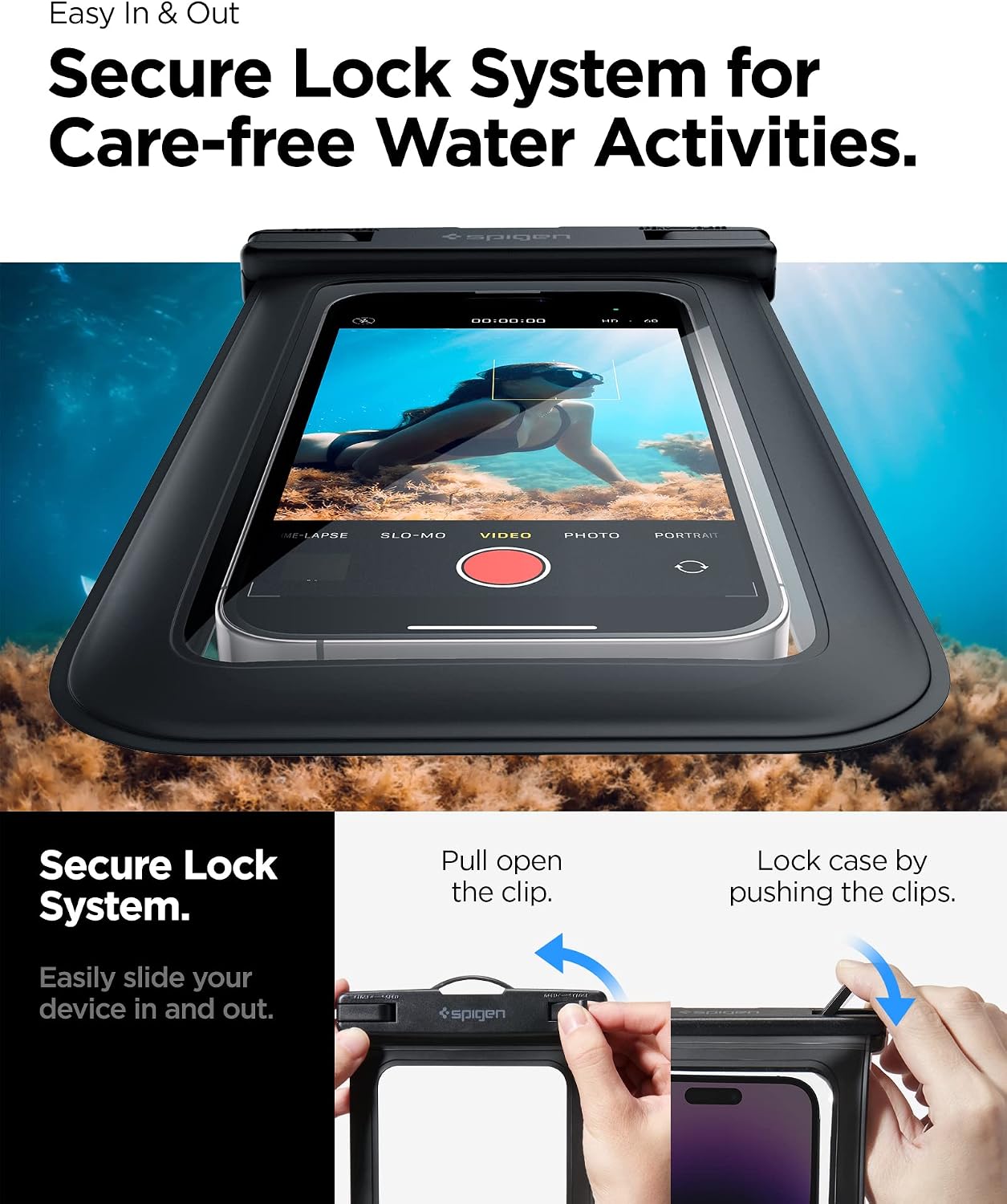 Detalle de Spigen Aqua Shield A601 custodia impermeabile IPX8 per smartphone fino a 7,0" (2 pezzi) con tracolla, finestra trasparente e cover a sacchetto marino