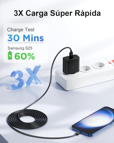 Detalle de LumFocus 45W: Cargador rápido USB-C con cable de 2 m para Samsung Galaxy y más