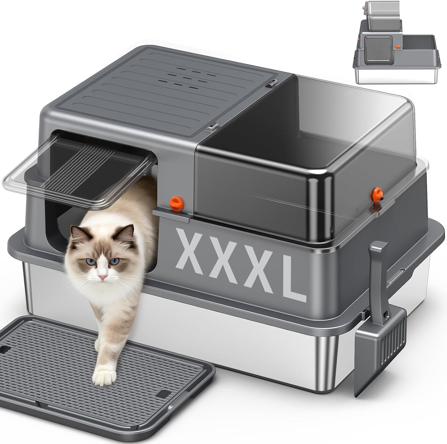 Detalle de XXXL Stainless Steel Cat Litter Box – Extra Large Open High-Sided Tray with Semi-Transparent Panels
