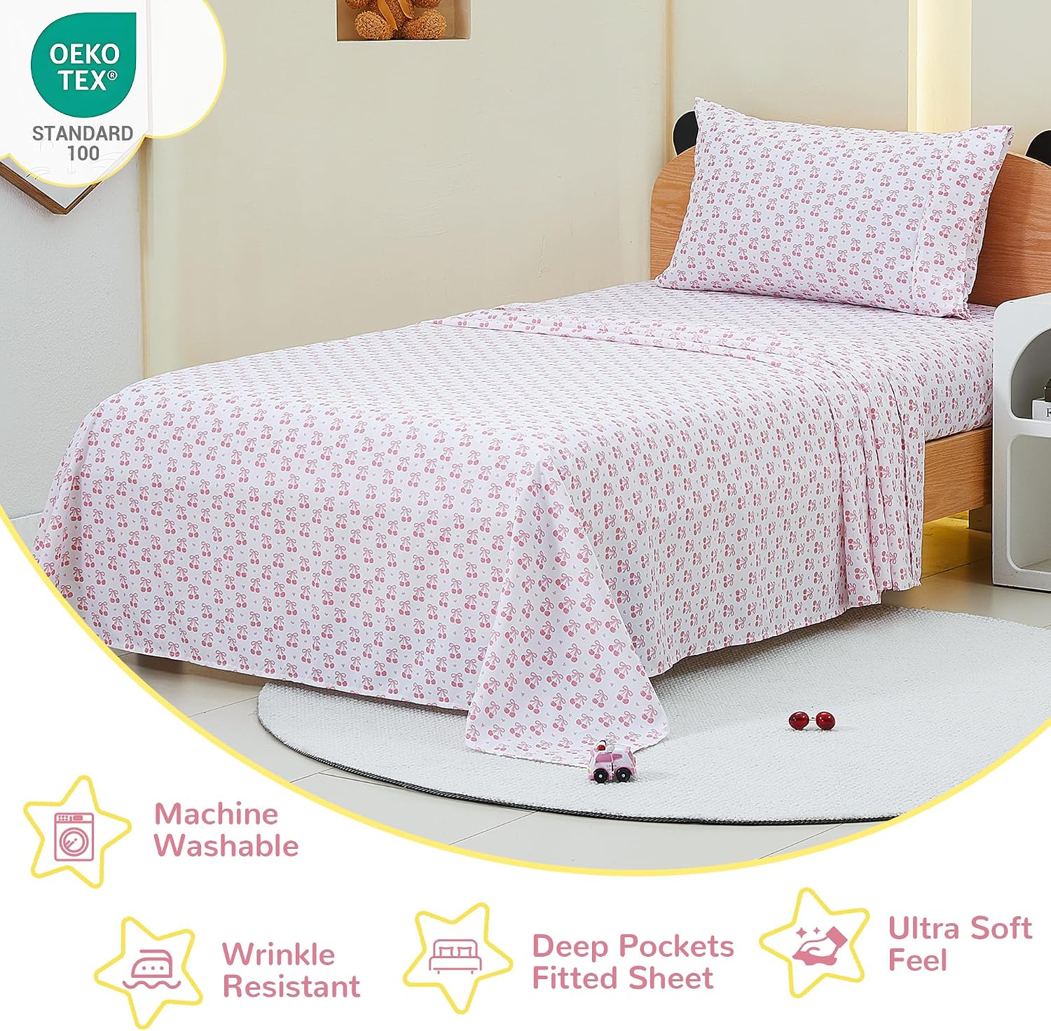Detalle de Viviland Full Sheet Set for Girls, Pink Cherry Bow Microfibre, 4-Piece