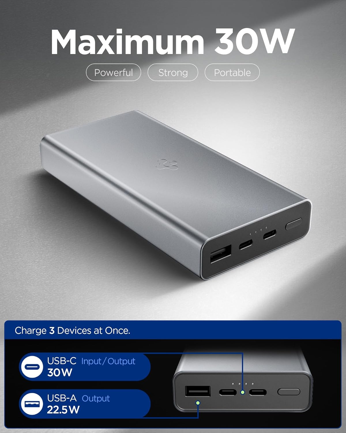 Thumbnail 1 de Spigen Essential Batterie Externe 20 000 mAh 30W (3 ports) — Power bank gris avec pochette