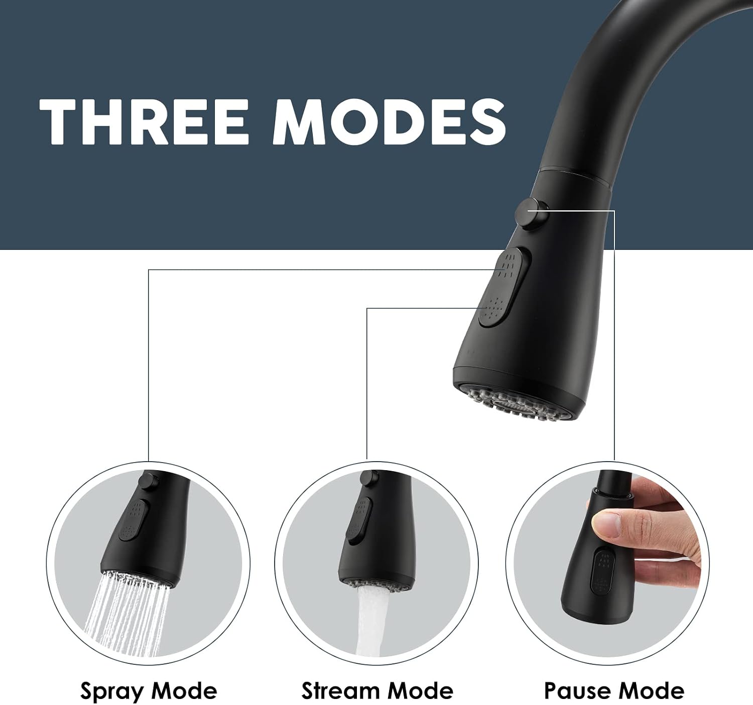 Detalle de Peppermint Black Kitchen Tap with Pull Out Spray – 3-Mode High Arc Mono Mixer