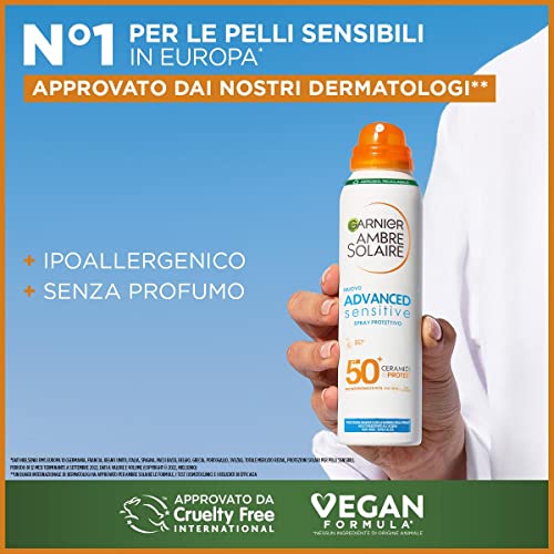 Detalle 1 de Garnier Ambre Solaire Advanced Sensitive Adulti Ceramide Protect Spray SPF 50+ – Protezione molto alta per pelli sensibili, senza profumo (150 ml)