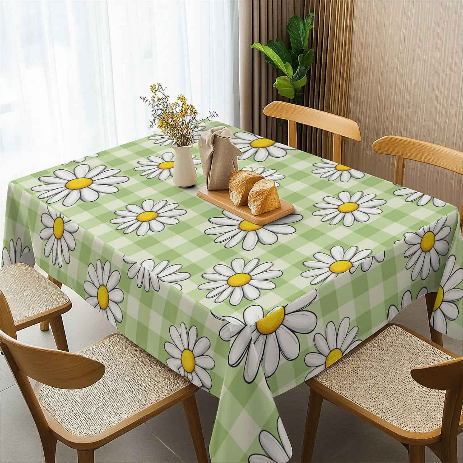 Thumbnail 4 de artslion Rectangle Waterproof 60x84in Wipeable Table Cover – Green Checkered Daisy Flowers (Non-PVC Fabric)
