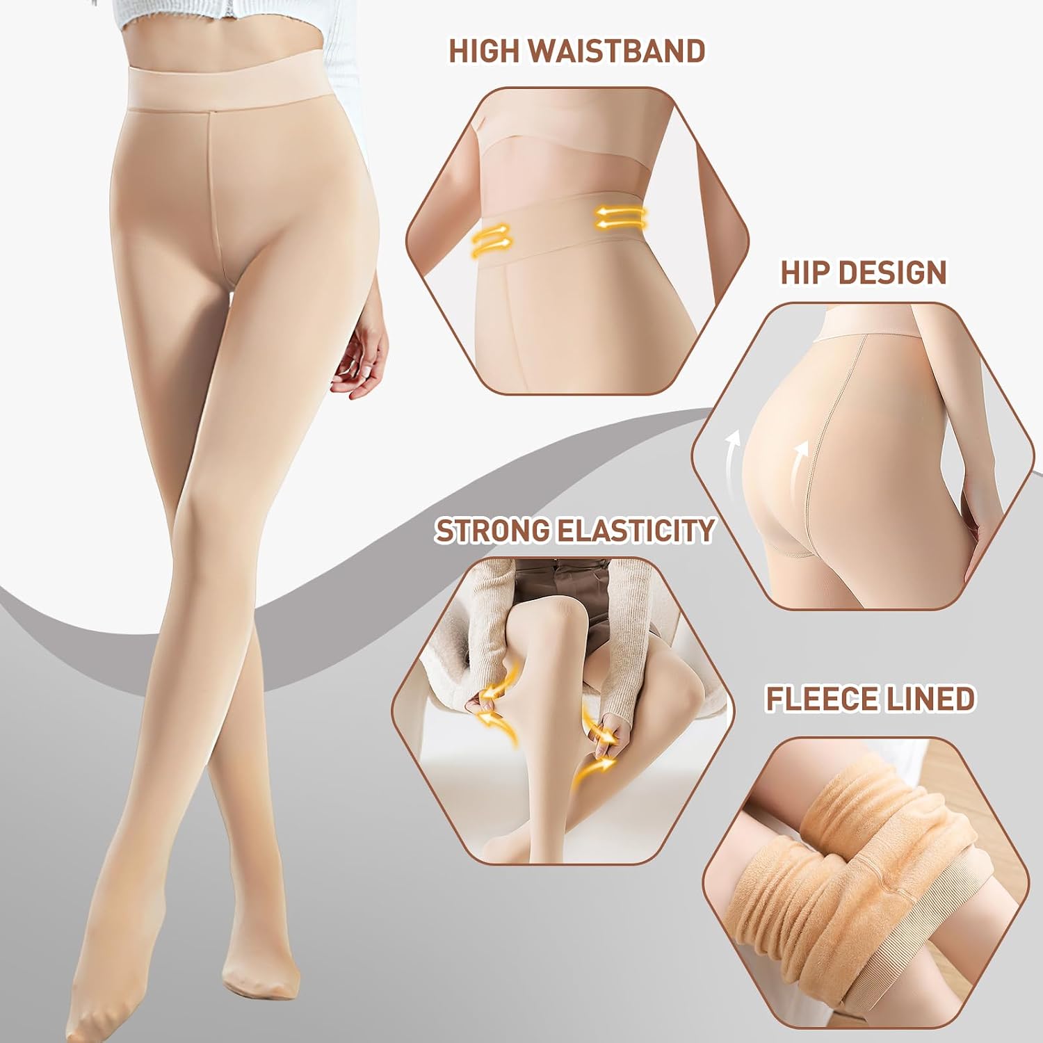 Detalle 2 de FurBall Women's Winter Fleece Lined Tights, Opaque Fake-Sheer, High-Waist