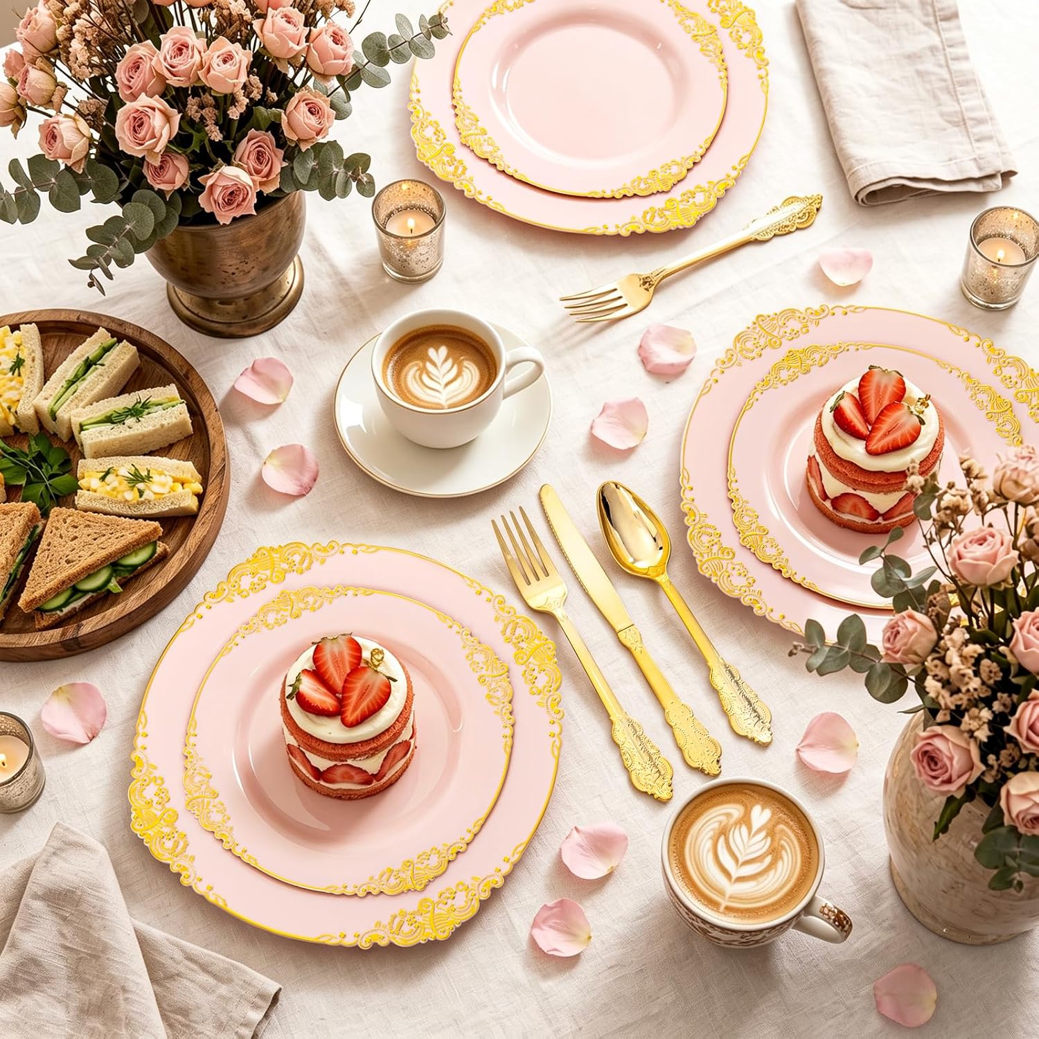 Detalle de Joyido 125PCS Pink and Gold Plastic Plates with Silverware Set for 25 Guests