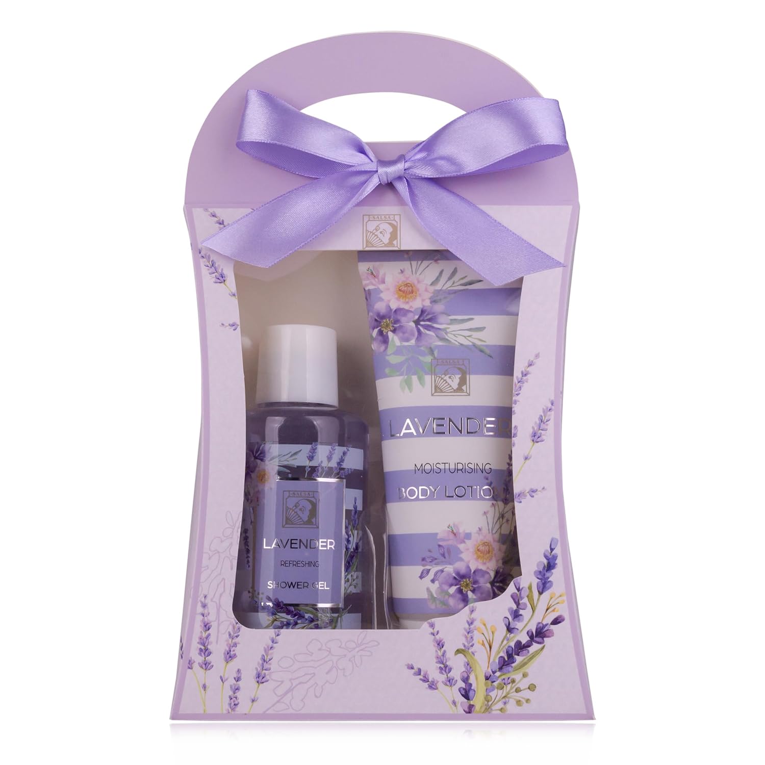 Detalle de Accentra Duschset Frauen Geschenkset LAVENDEL – 3-teiliges Pflegeset mit Duschgel, Bodylotion & Netzschwamm in Keramikwanne