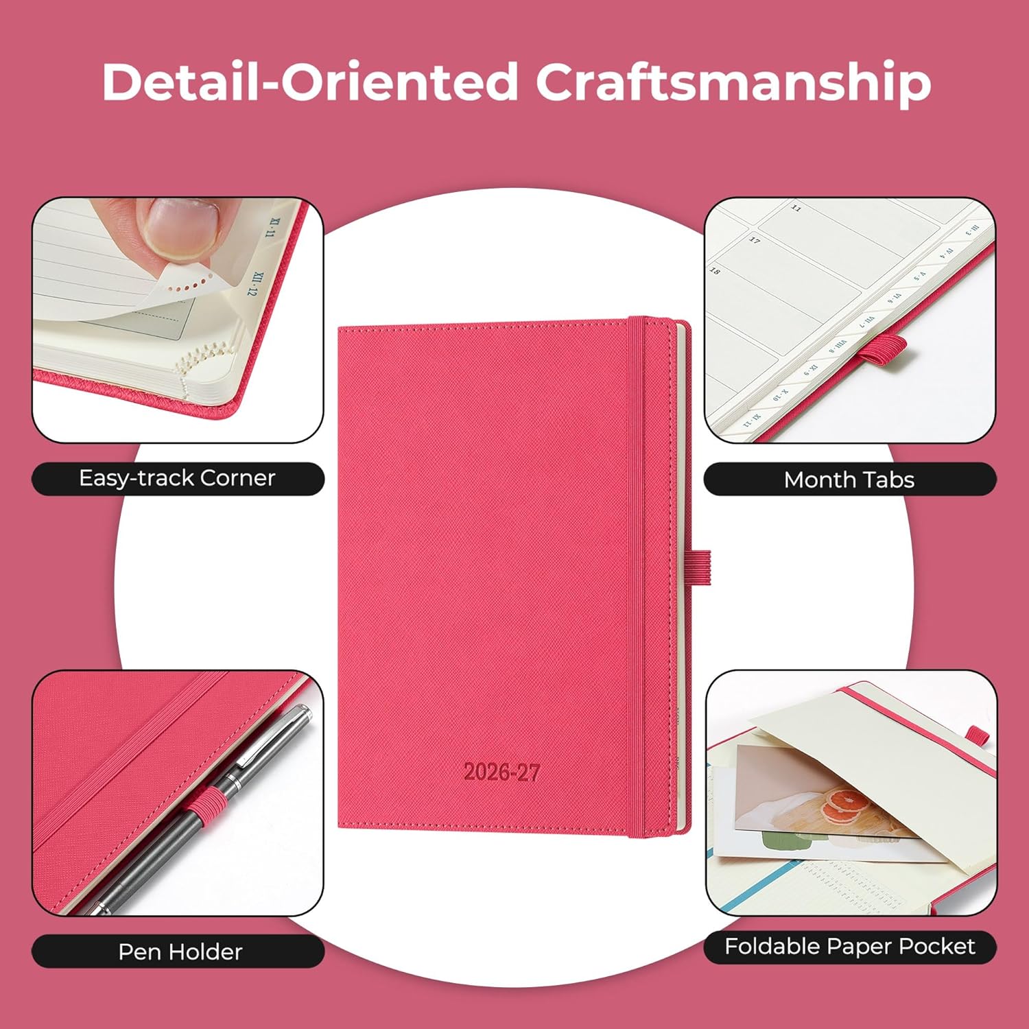 Detalle de IN-LUXPRO Academic Diary 2026-2027: A5 Week to View, Rose Red PU Leather