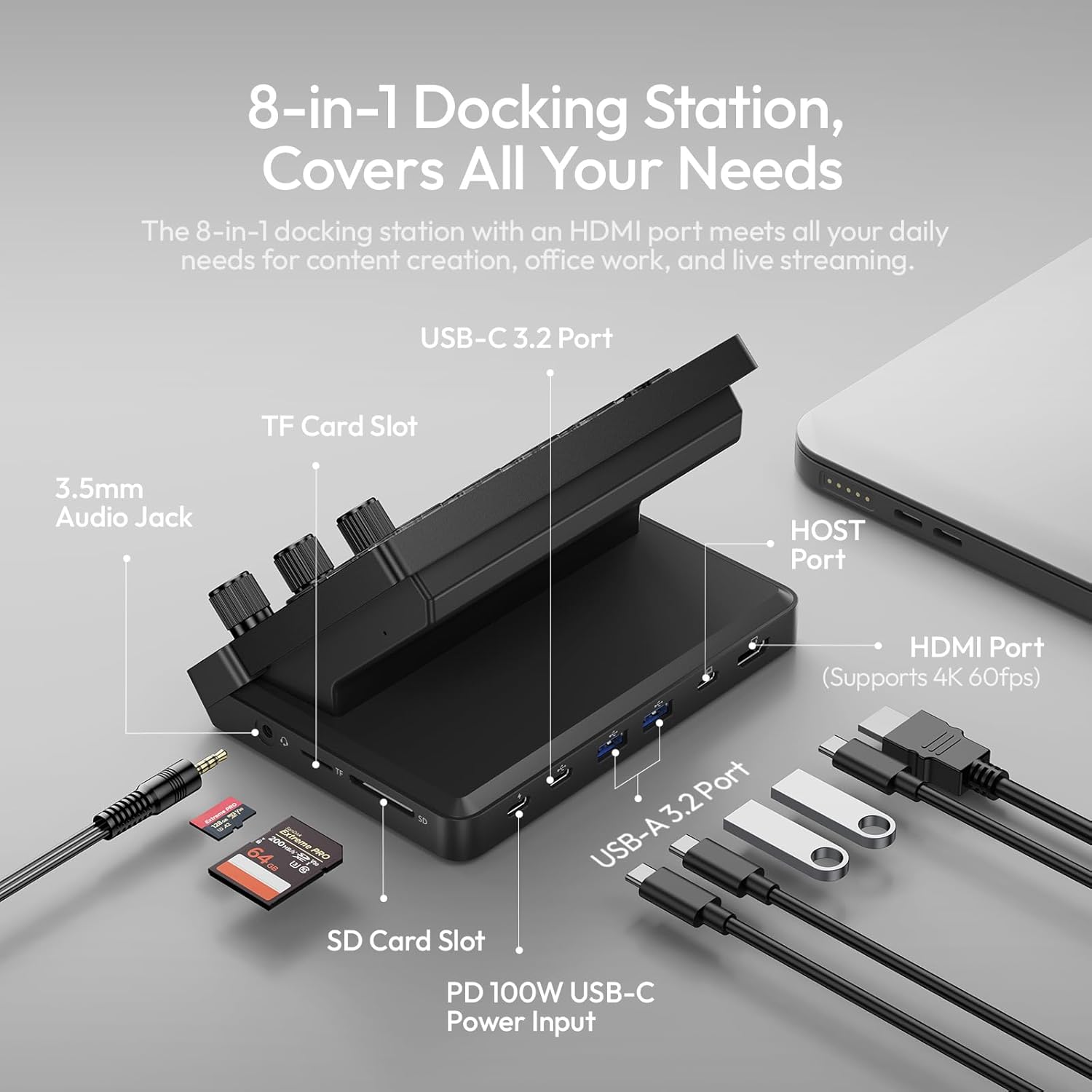 Thumbnail 4 de ULANZI D200X Flow Controller with 3 Knobs and 14 LCD Keys: 8-in-1 USB-C Hub for 4K HDMI Streaming, Editing, and Content Creation
