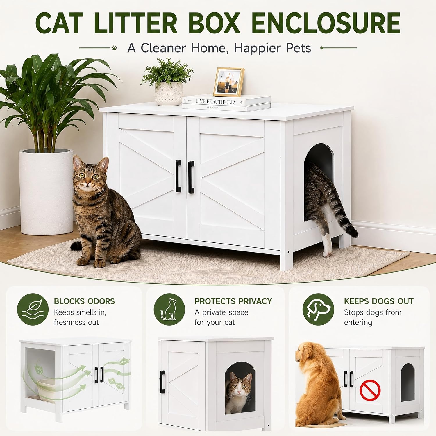 Detalle 2 de Homhedy 31.5-Inch Cat Litter Box Enclosure with Barn Door, White
