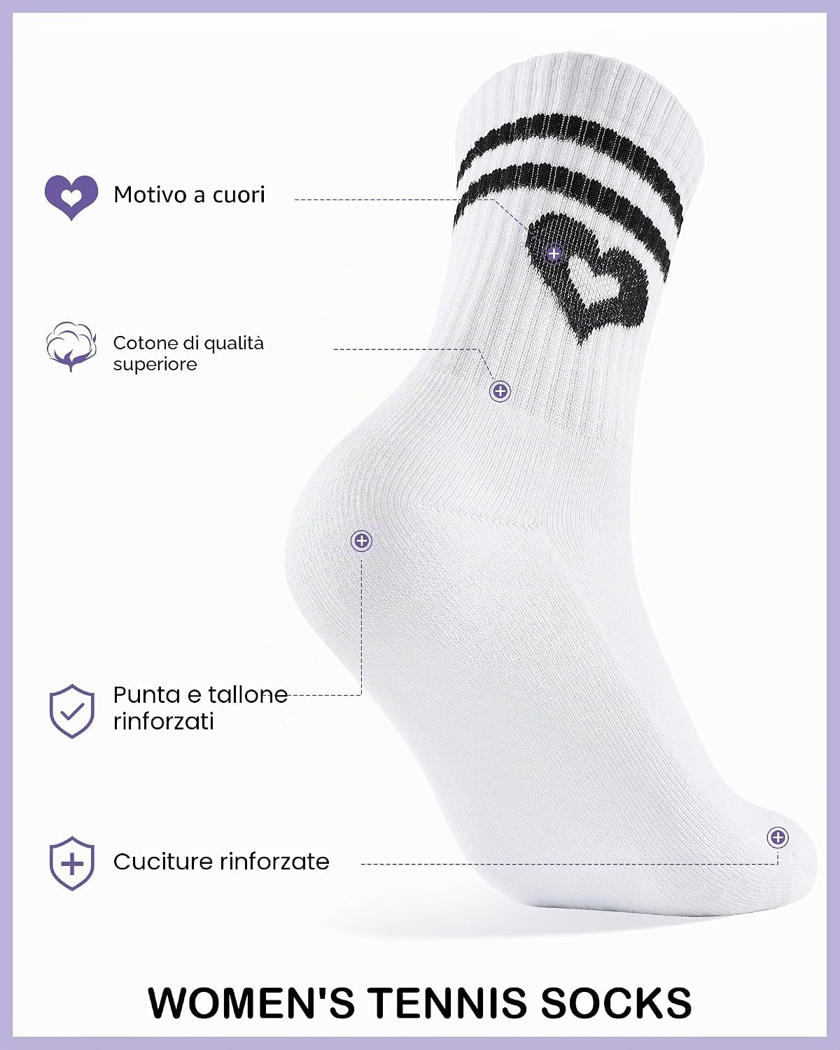 Detalle 2 de Niofind Calzini da tennis donna alti (3 paia) con cuore: comfort antivesciche per corsa e sport
