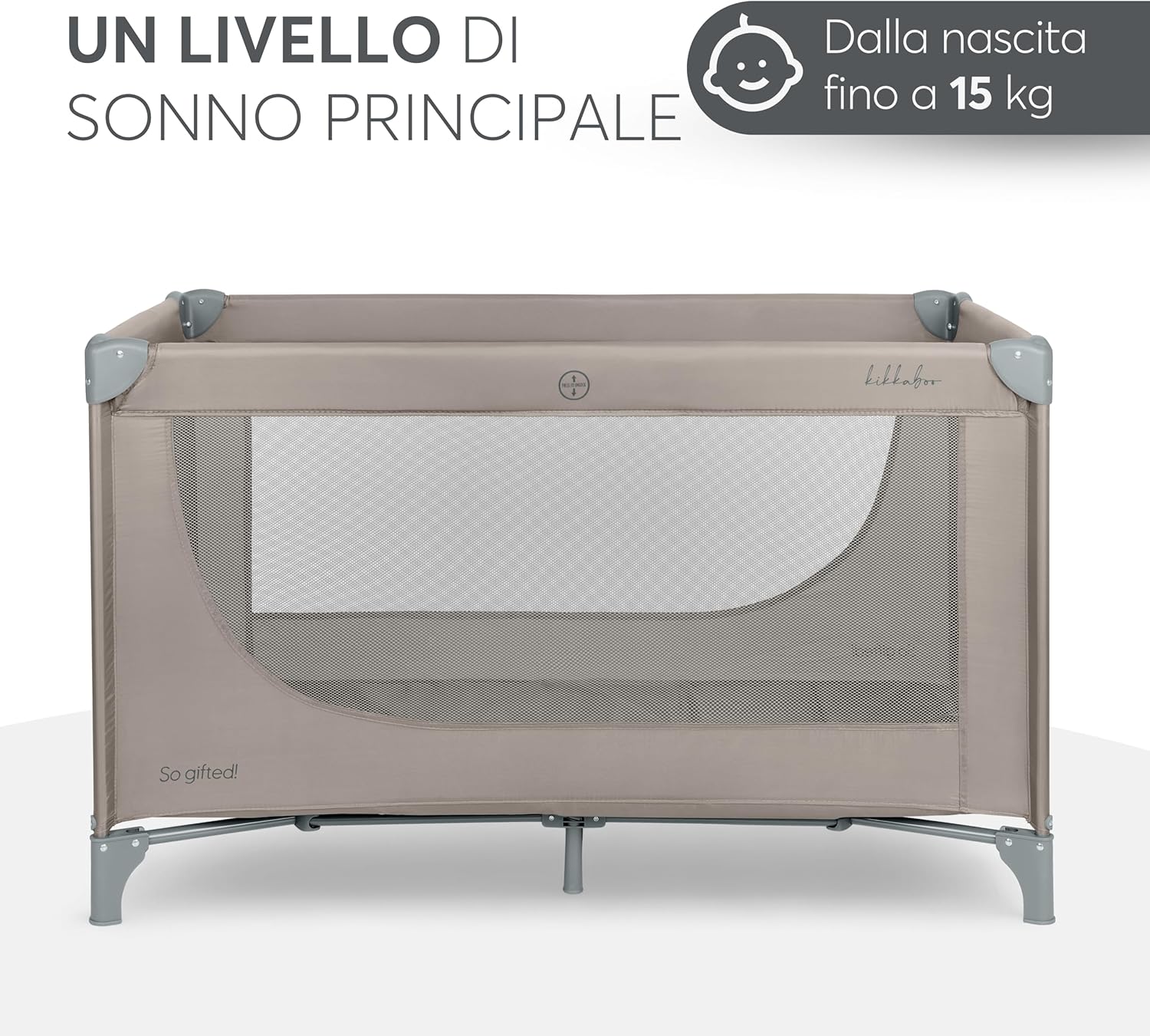 Detalle de KikkaBoo Lettino da Campeggio SO GIFTED 2026 | Culla Neonato da Viaggio 120x60 cm, Beige Scuro