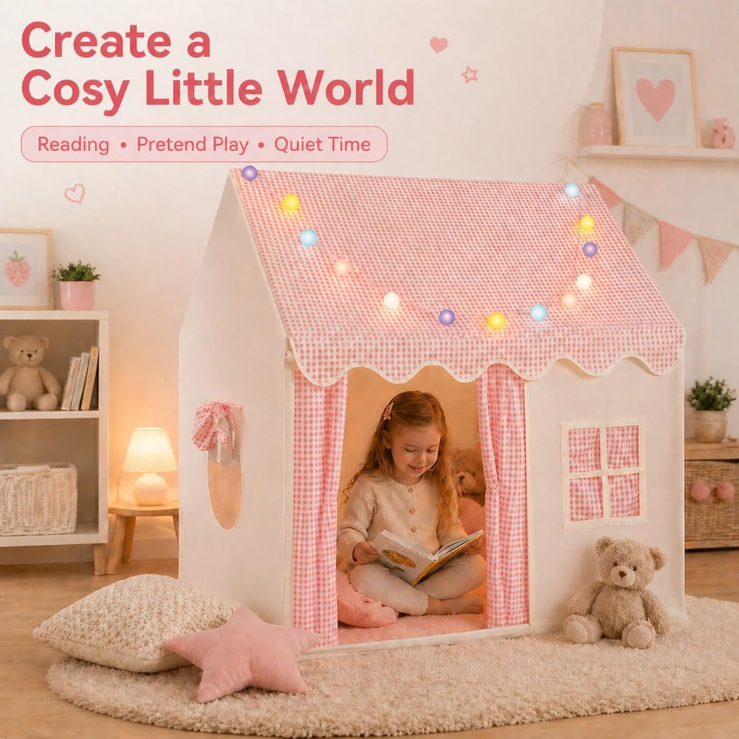 Detalle de ALLmeter BY046 Kids Play Tent with Lights, Pink Polyester and Metal Frame