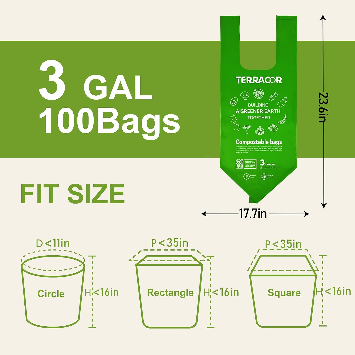 Detalle de TERRACOR 3-Gallon Compost Bags with Handle Tie, 100 Count (Pack of 2) – BPI & ASTM D6400 Certified