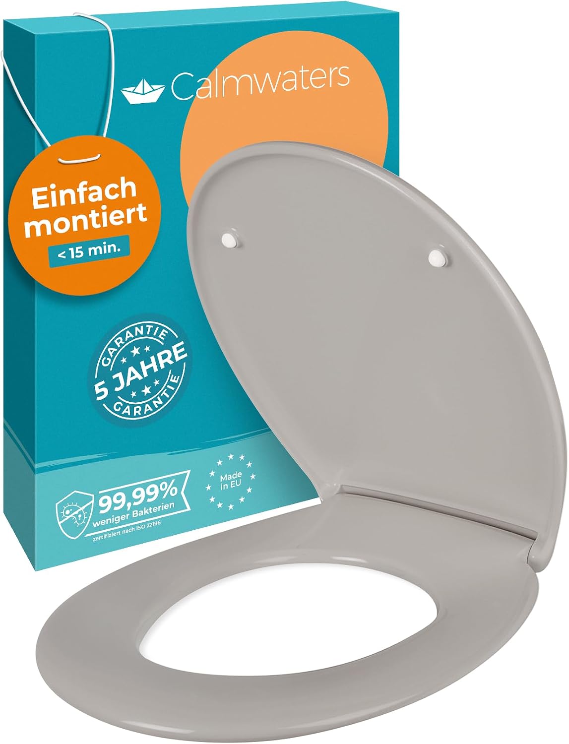 Detalle de Calmwaters Premium WC-Sitz mit einfacher Montage – antibakterielles Duroplast, Absenkautomatik, bis 250 kg, Manhattan-Grau