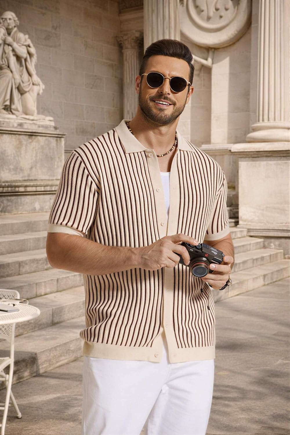 Thumbnail 1 de COOFANDY Men’s Knit Button Down Short Sleeve Polo Shirt with Vintage Stripes
