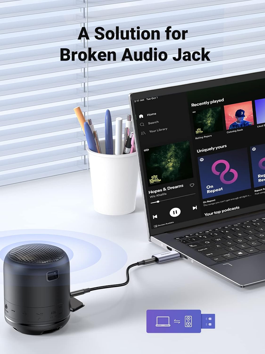 Detalle de UGREEN USB-A naar 3,5mm-audioadapter met gecombineerde TRRS-aansluiting