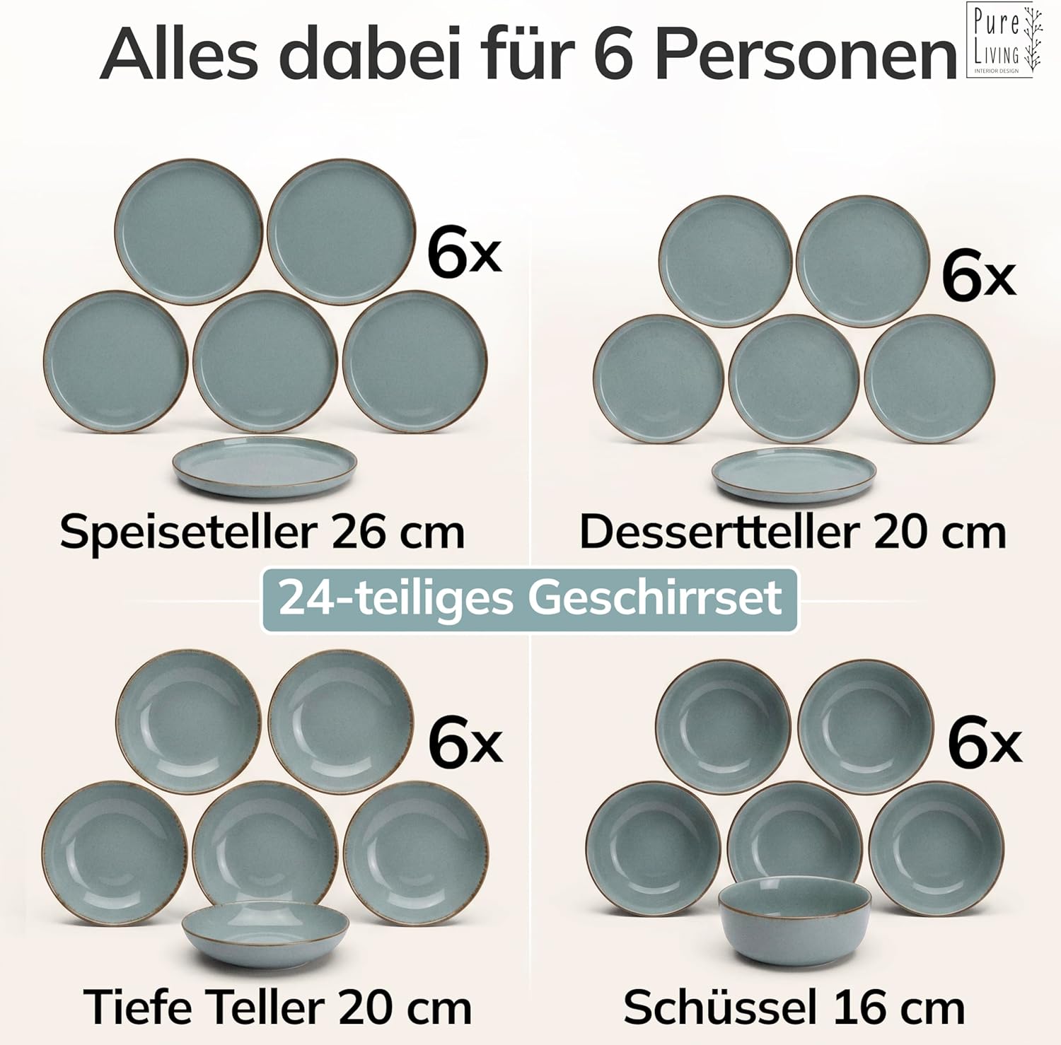 Detalle de Steingut Geschirrset 24-tlg. Rustic für 6 Personen in Rauchblau – TESTSIEGER, Spülmaschinengeeignet