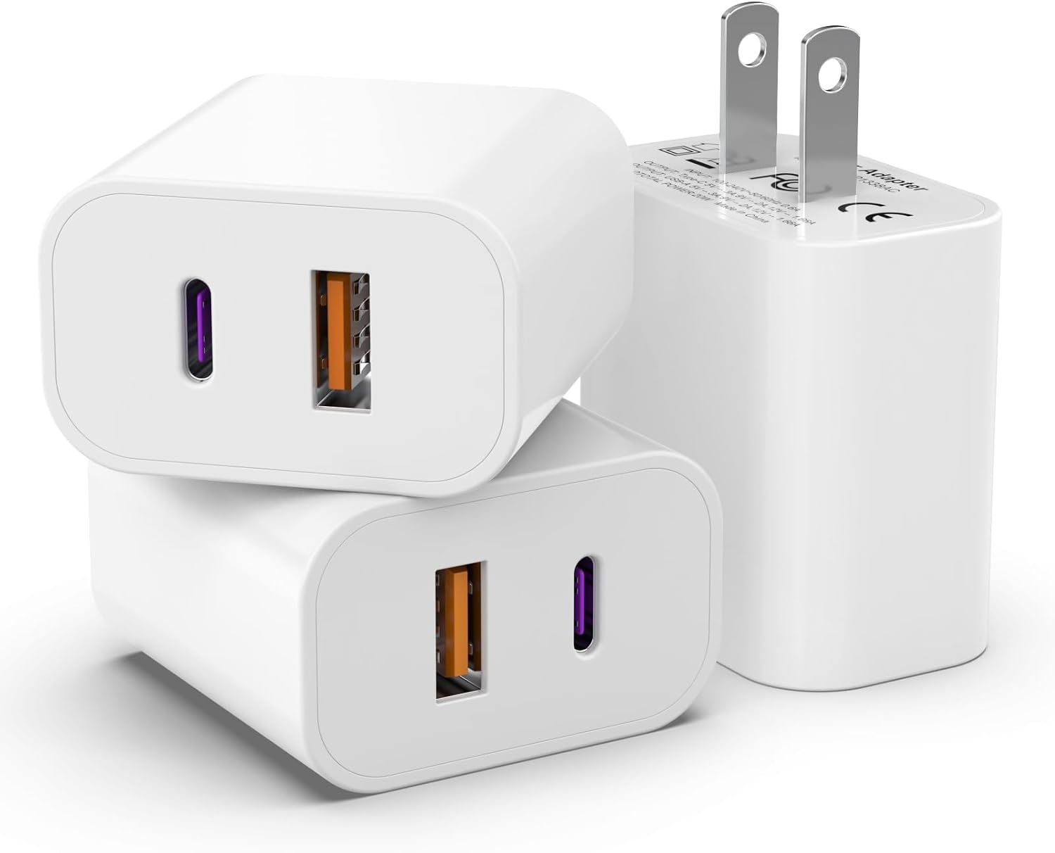 Detalle de iGENJUN 20W Dual-Port USB-C + USB-A iPhone Charger Block (3-Pack) — QC + PD 3.0, White