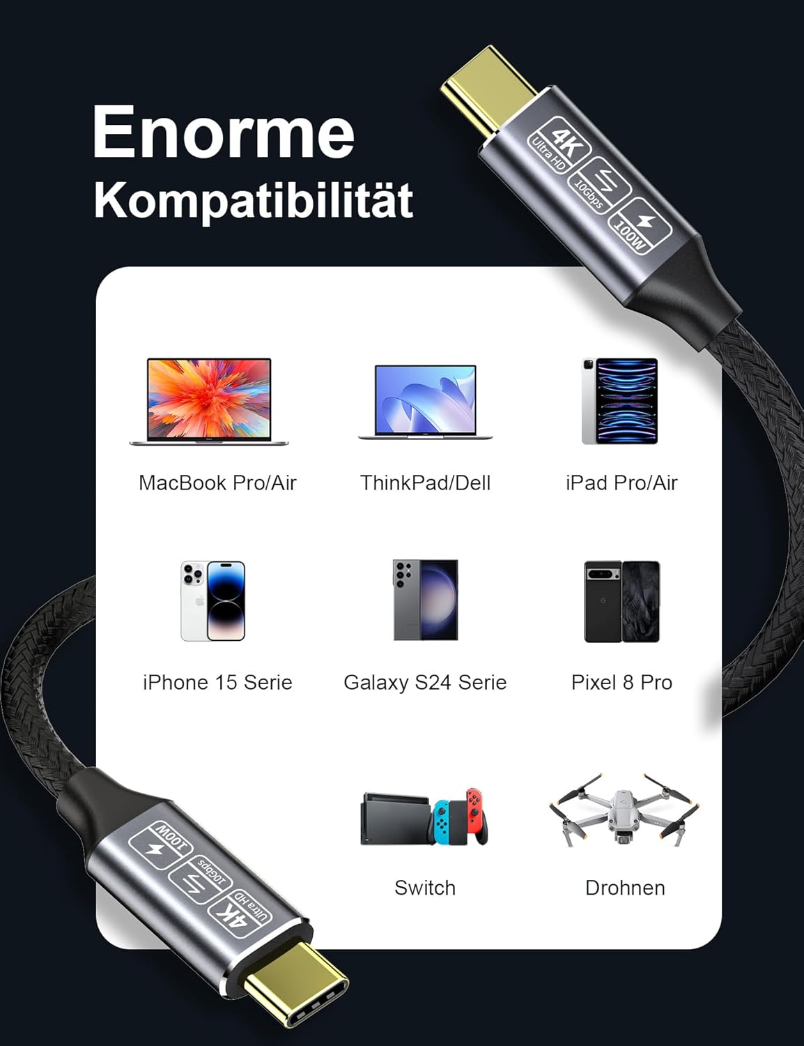 Thumbnail 6 de CAKOBLE 2-Pack 4m USB-C to USB-C cable (10Gbps, 100W, 4K@144Hz/5K options) for Thunderbolt 4 and USB-C displays
