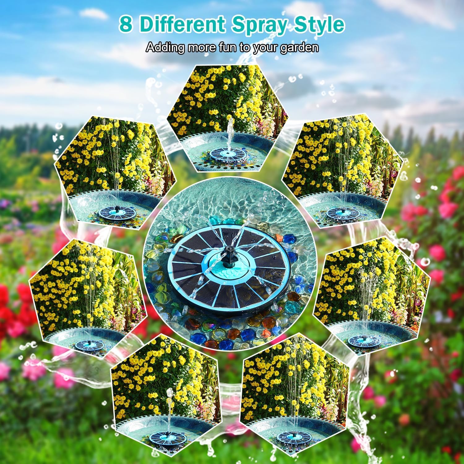 Detalle de Solar Fountain SZMP Glass Bird Bath Fountains 3.5W with 7 Nozzles & Anti-Drift Fixers (Blue)