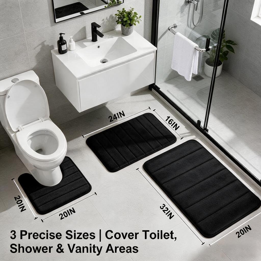 Detalle de RUN HELIX 3-Piece Memory Foam Bathroom Rug Set (Non-Slip, Washable) — Black