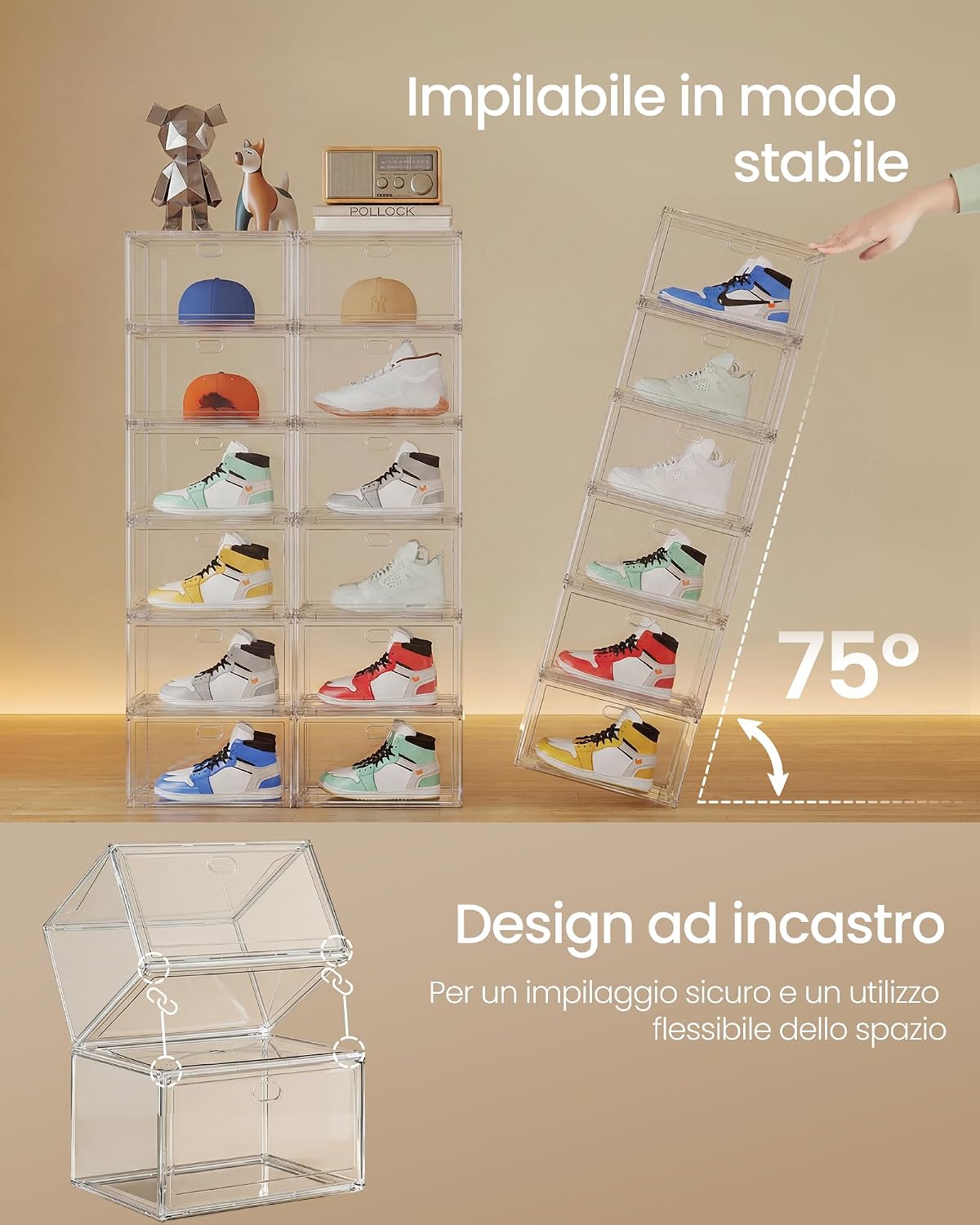Detalle de SongMics Scatole per Scarpe Impilabili Trasparenti LSP703WH02 – Set da 3