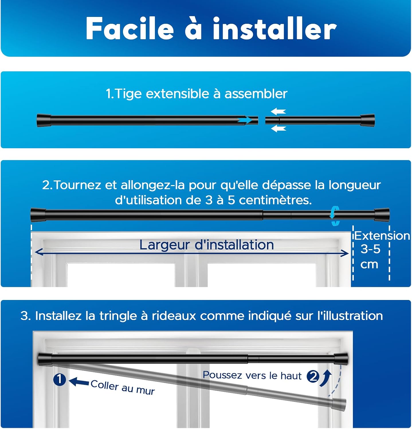 Thumbnail 6 de Tringle à rideaux extensible sans perçage BSYXLSX noire 70–100 cm