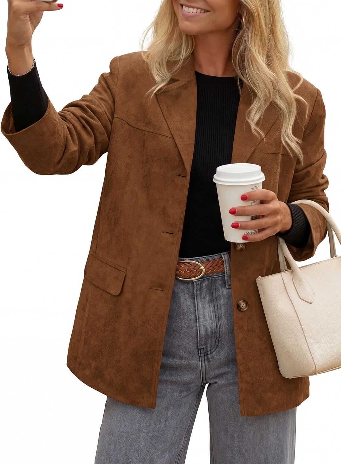 Detalle de PRETTYGARDEN Women's Faux Suede Blazer