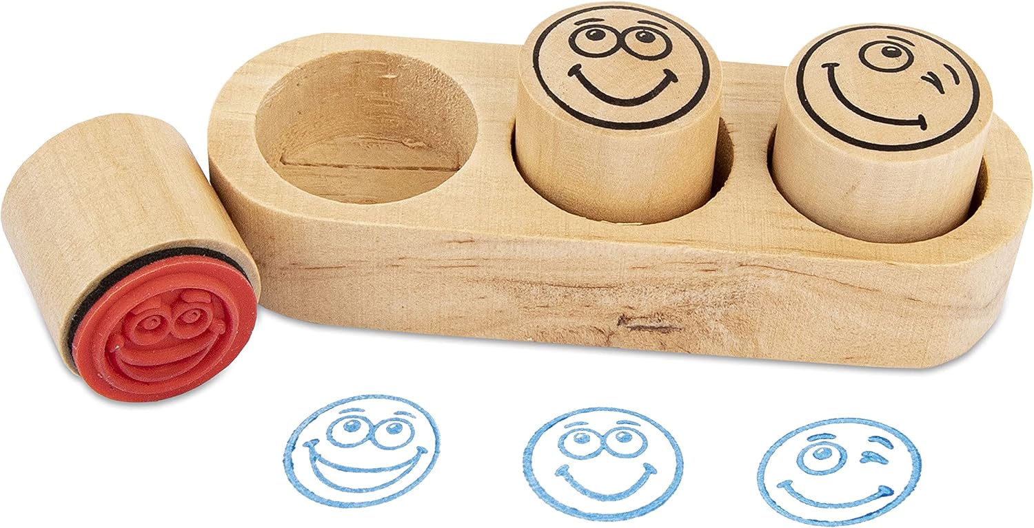 Detalle de TRENDHAUS 952509 lärarstämpelset i trä med smileymotiv, 3 stämplar