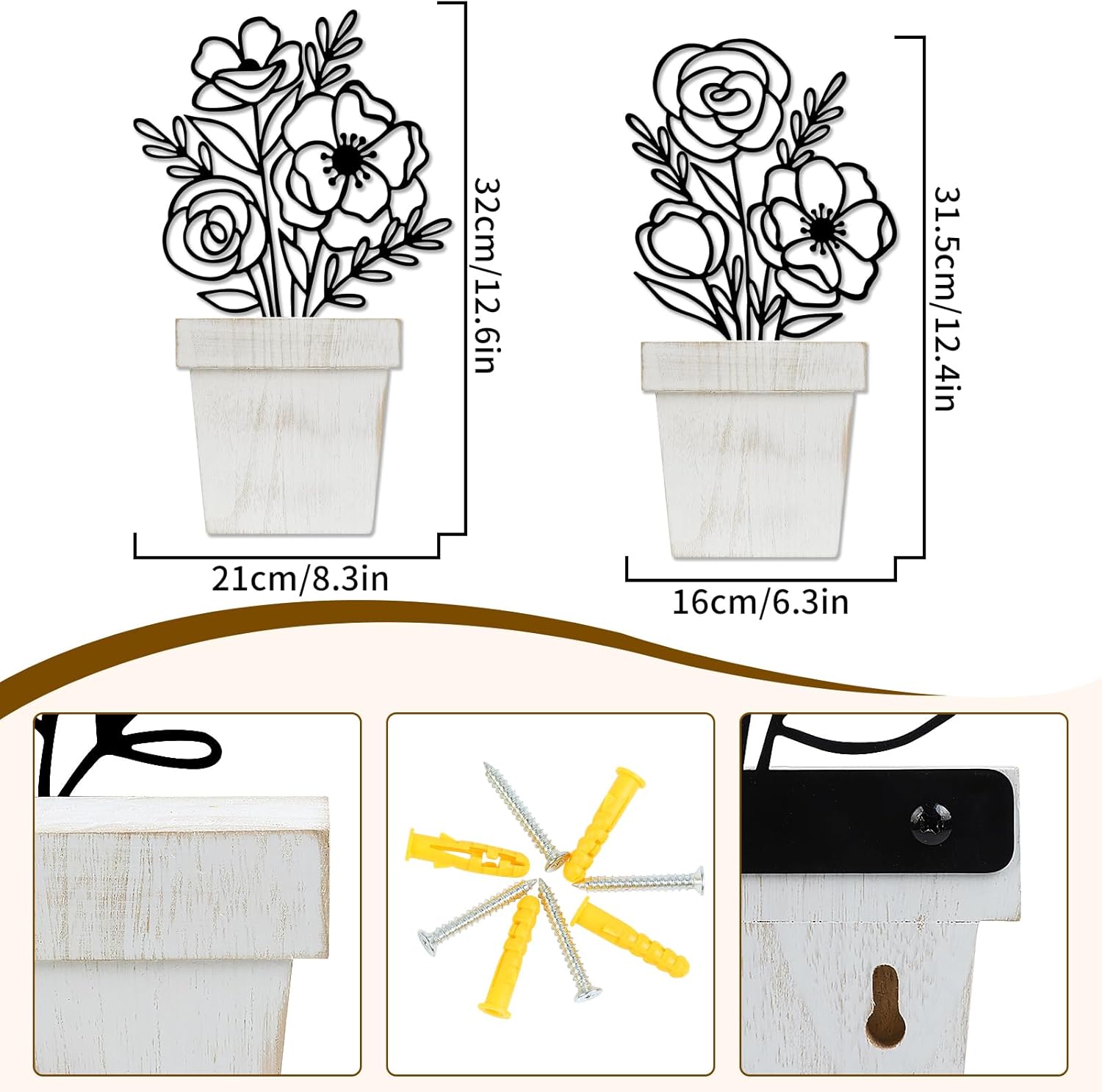 Detalle de YiYa 2 Pcs Metal Flowers Wall Arts – Beige Minimalist Floral Line Wall Sculptures