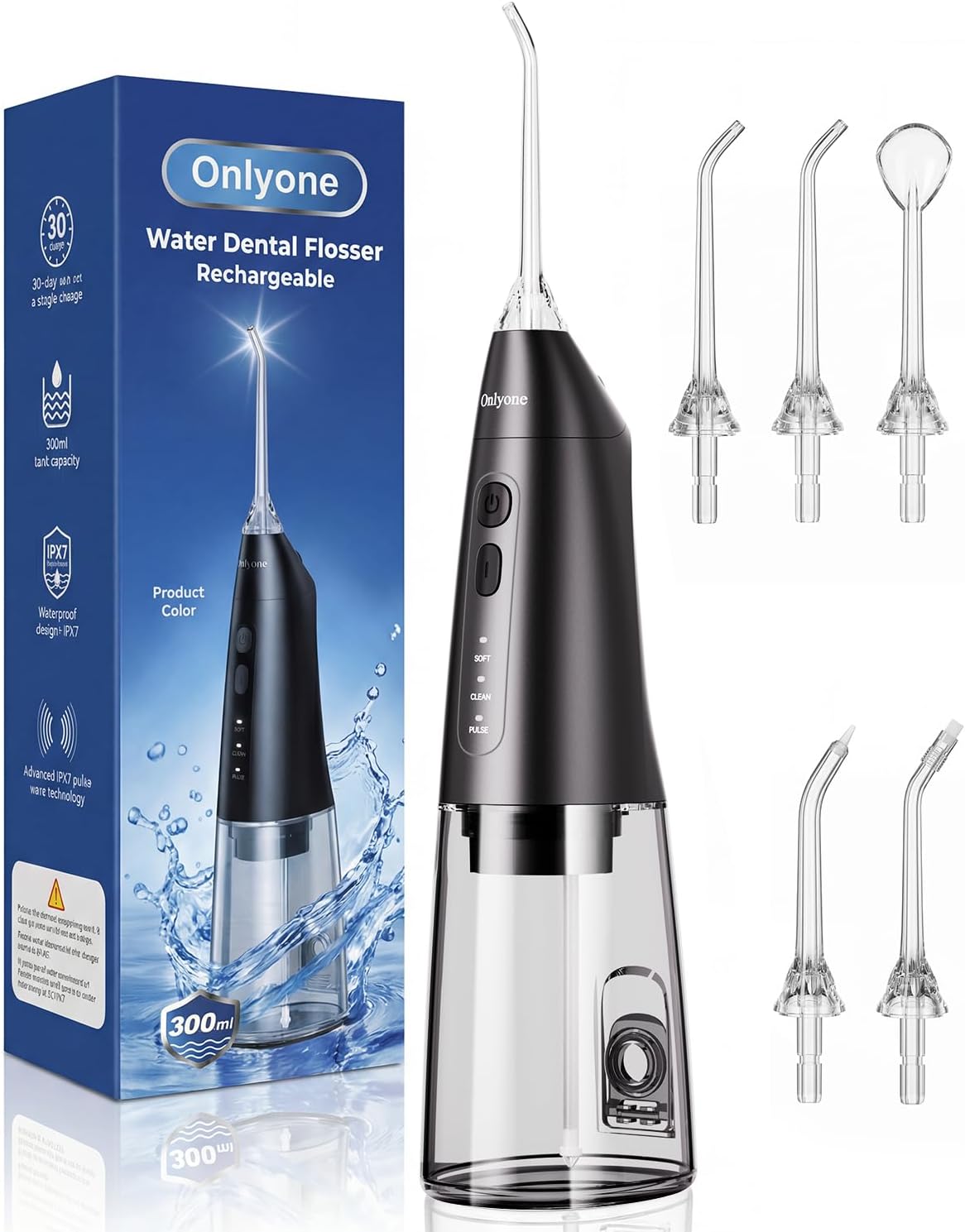 Detalle de Onlyone WD01-Black Portable Water Flosser, 3 Settings, 300 mL Tank