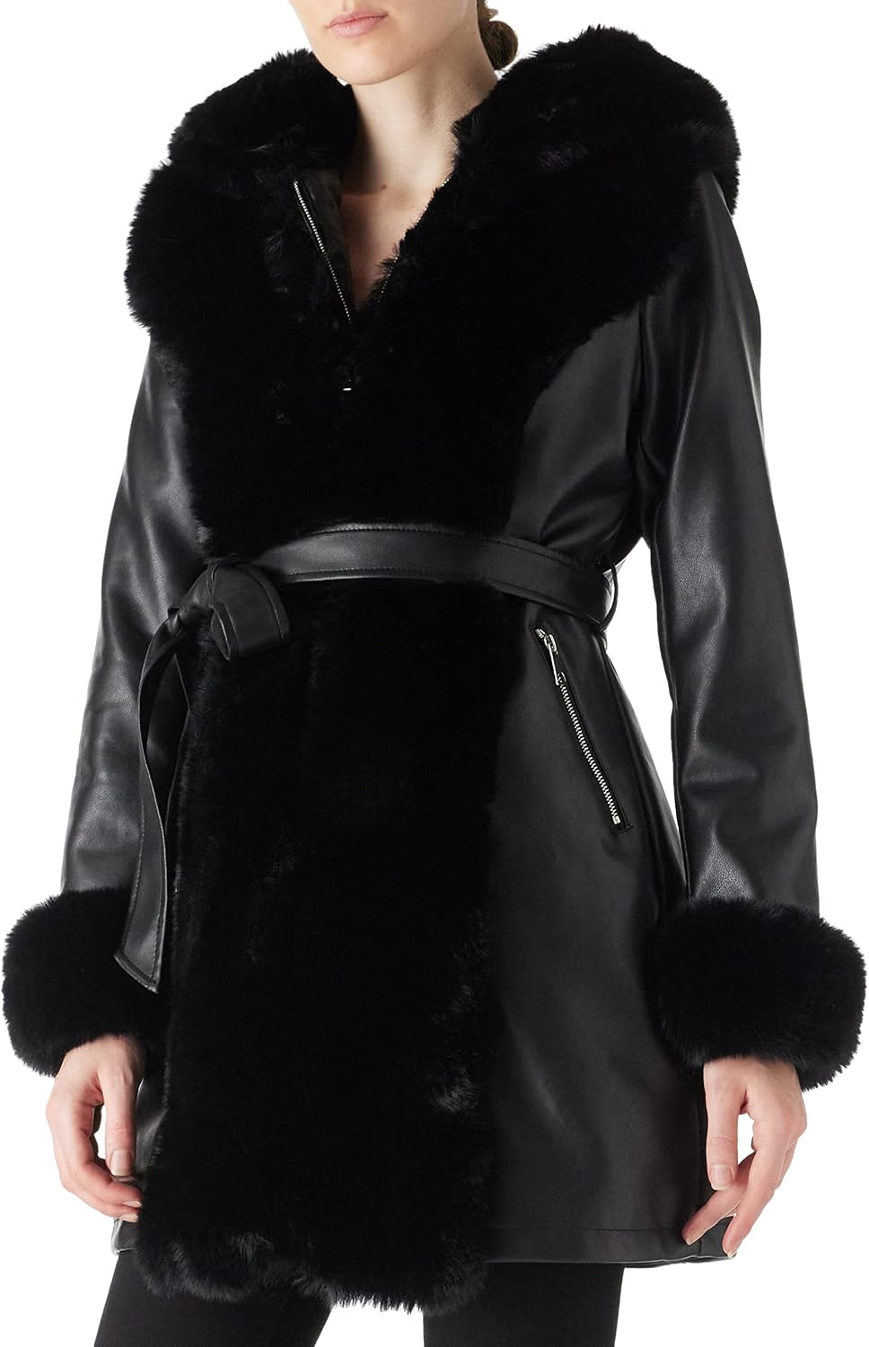 Detalle de RISISSIDA Women's Fur-Lined Faux Leather Winter Coat with Hood and Belt