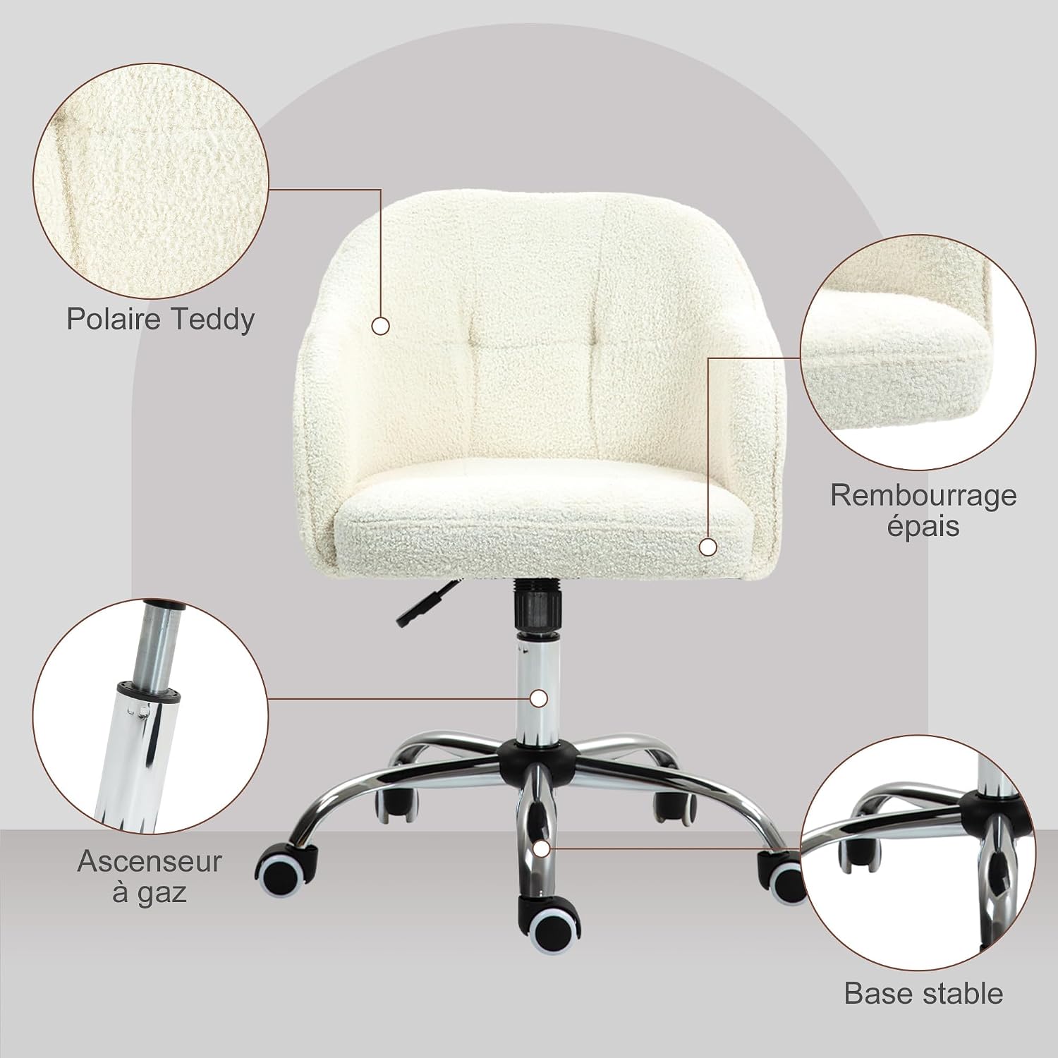 Thumbnail 5 de HOMCOM Chaise de bureau ergonomique en peluche Teddy avec hauteur réglable et pivot 360° (crème)