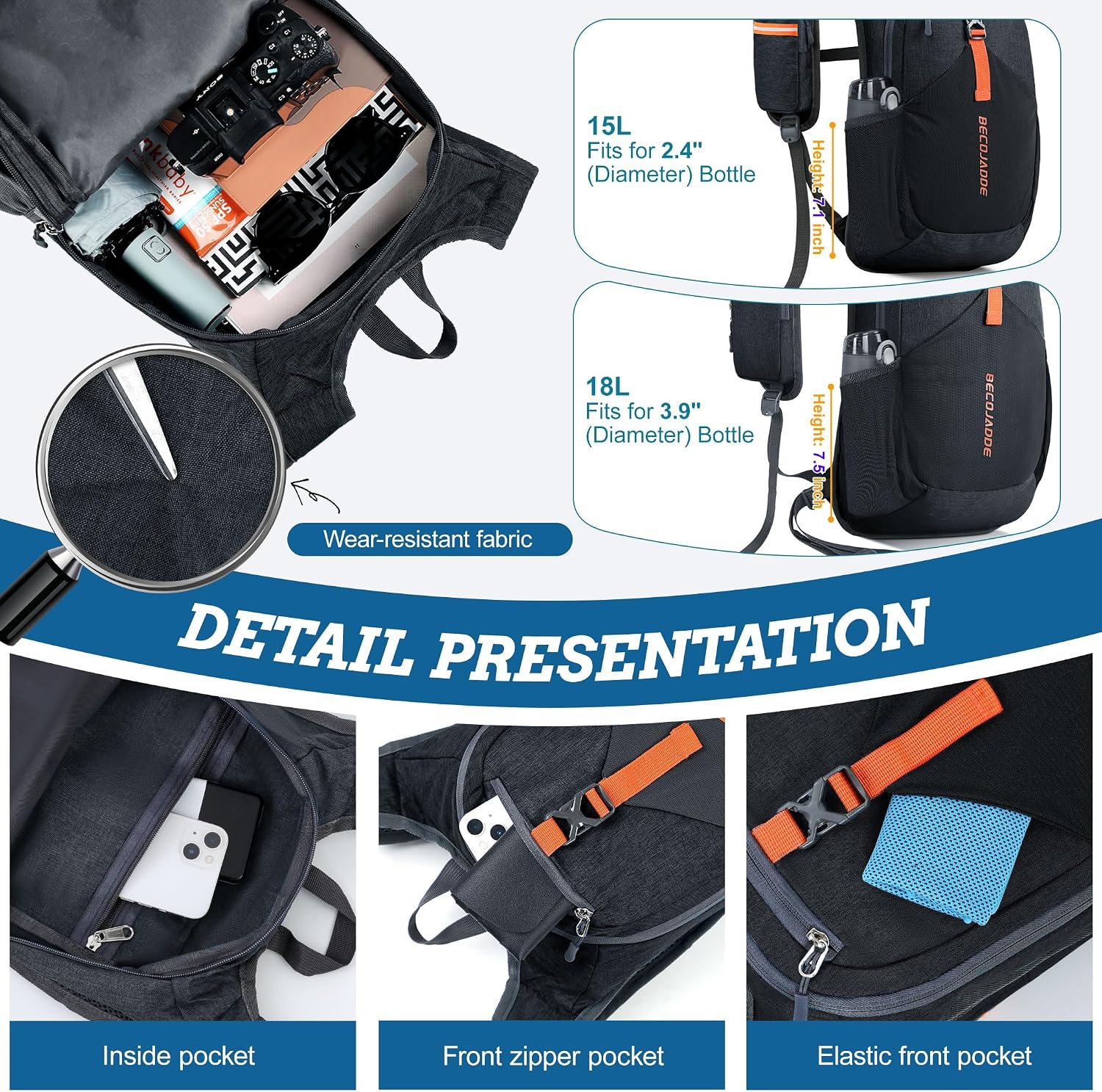 Thumbnail 2 de BECOJADDE 18L Foldable Hiking Backpack with Chest Belt and Anti-theft Pocket (Black)