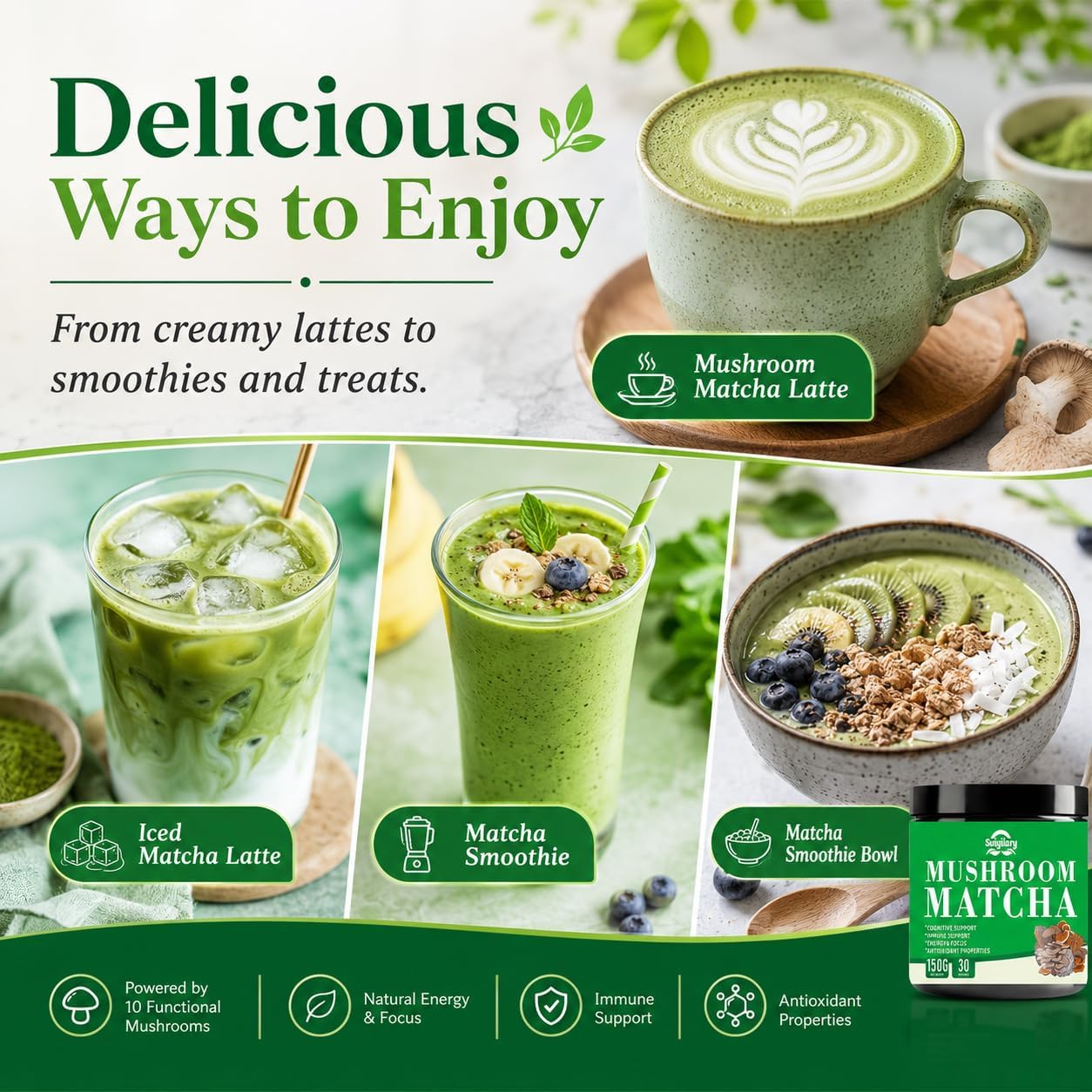 Thumbnail 4 de Suiyilary Mushroom Matcha Powder, 7 Mushroom Blend with MCT Oil, 150g