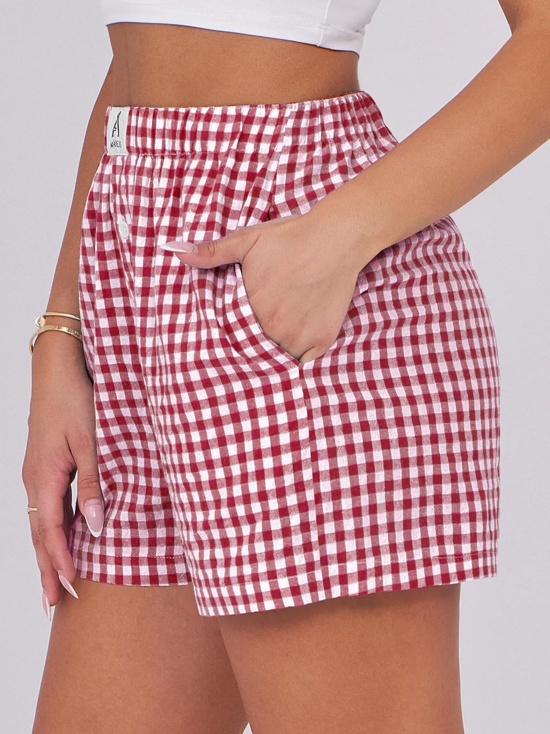 Thumbnail 3 de ANRABESS Women's Gingham Boxer Shorts Pajama Wear — Lightweight Rayon, Elastic Waist, 2026 Summer
