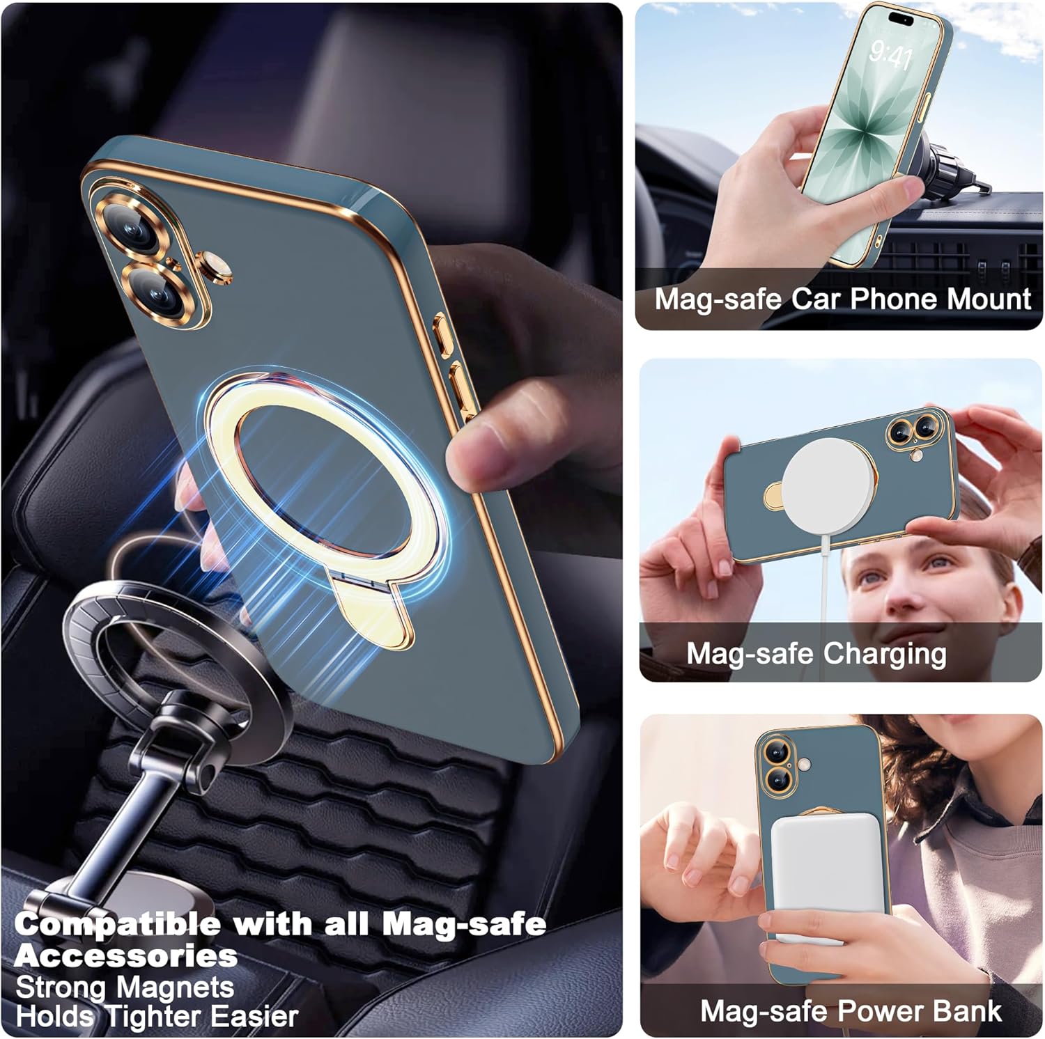 Detalle de ETPESOK iPhone 17 Case (6.3") with Magnetic Ring Stand, Mag-Safe Compatible, Full Camera Lens Protection, Grey Blue