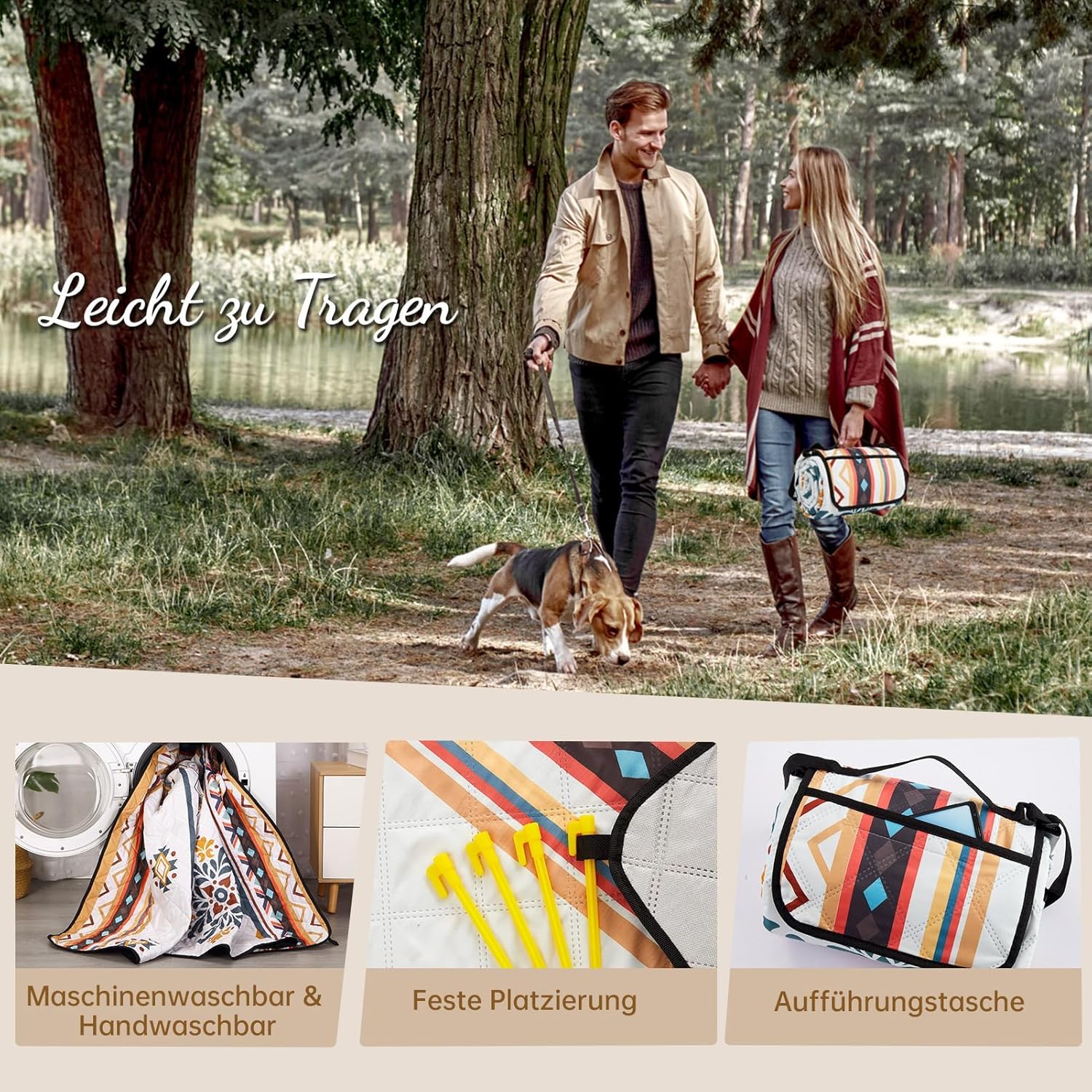 Thumbnail 4 de HAUSPROFI Picknickdecke Boho 200x200 cm – wasserdicht, isoliert und tragbar