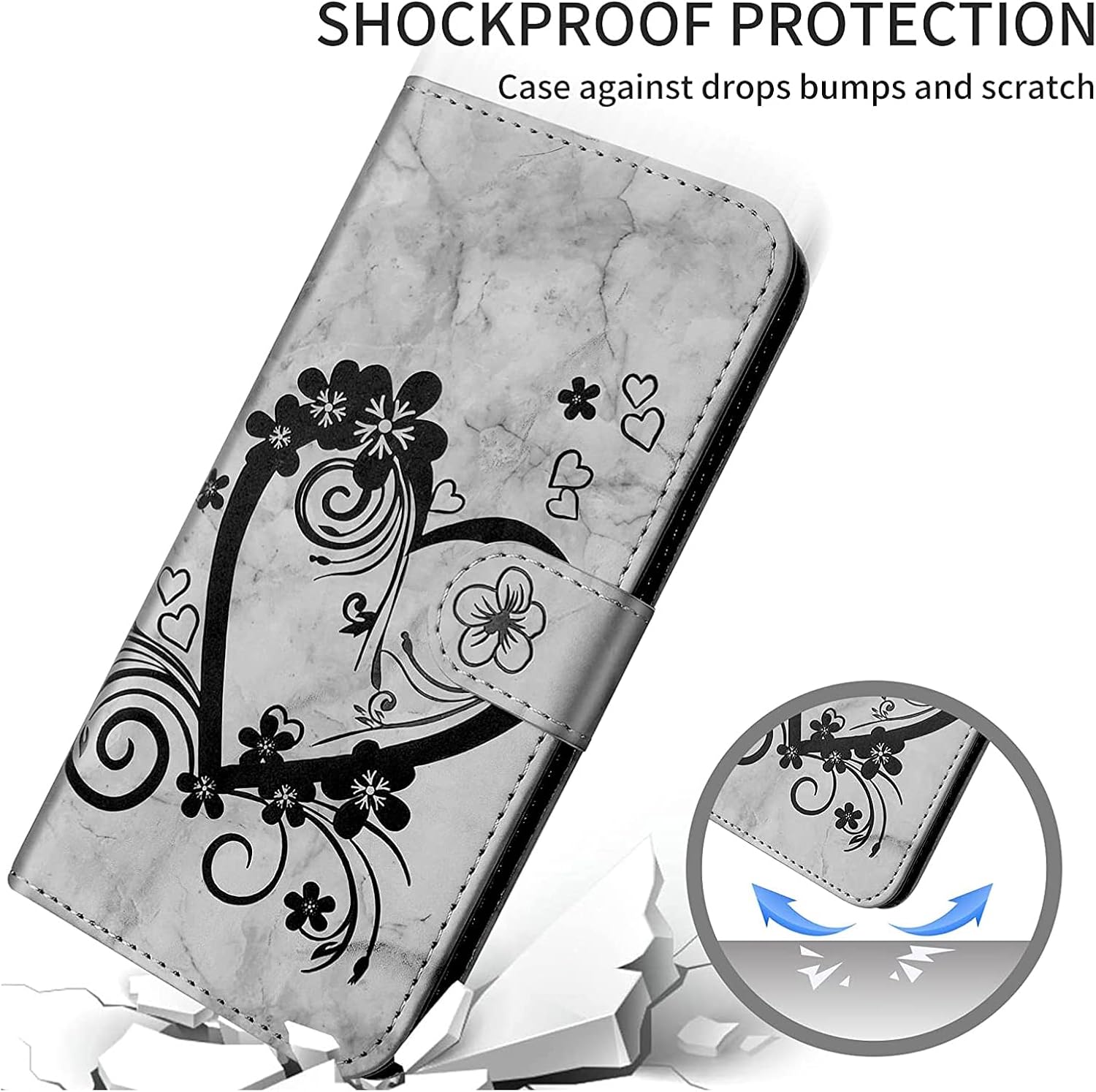 Detalle de Norn Wallet Case for iPhone 7/8/SE (2020/2022): Embossed Love Heart Floral, PU Leather, Magnetic Closure