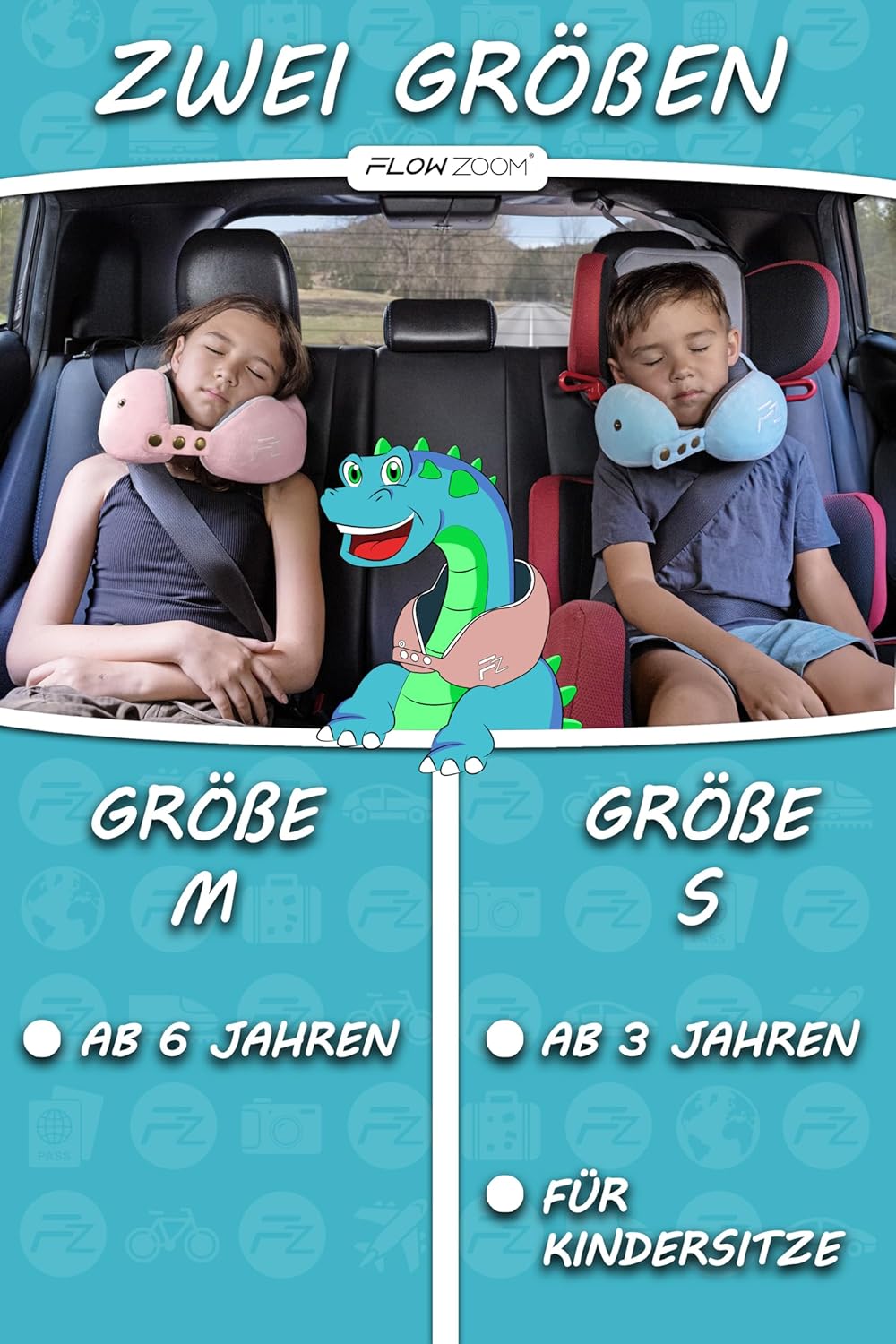 Detalle 2 de FLOWZOOM Nackenkissen für Kinder ab 6 Jahren (Größe M) mit Memoryschaum, einstellbar & waschbezug – inkl. Beutel, Rosa