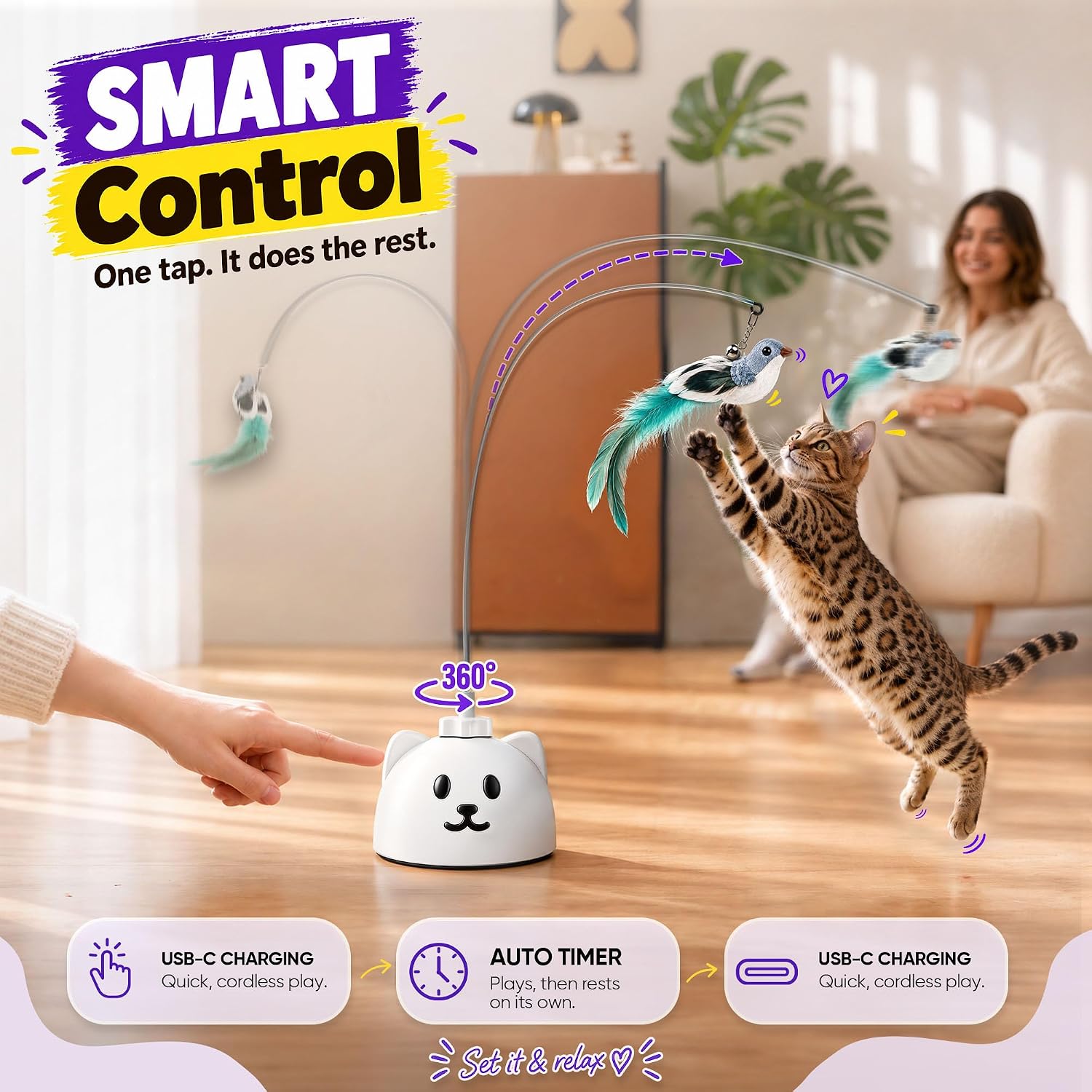 Detalle de Catpick joy OK011A Interactive Cat Wand Toy, 360° Automatic Bird Motion