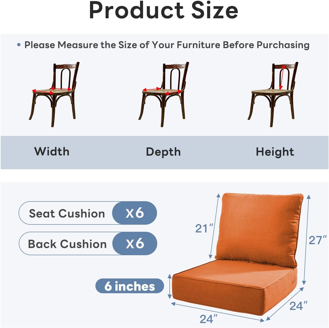 Detalle 2 de Artfurniz Outdoor Chair Cushions, 6 Sets, 6-Inch Thick, Orange Olefin
