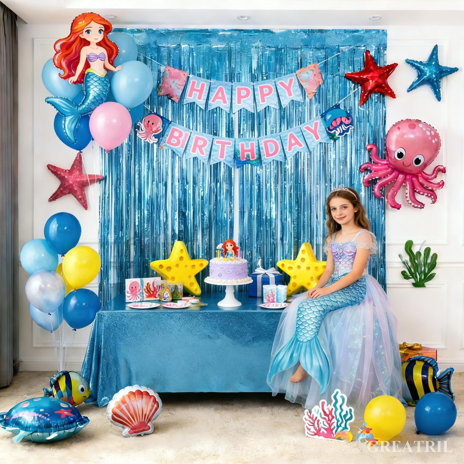 Detalle 2 de GREATRIL Blau Glitzer-Tischdecke Foil 137 x 274 cm – Einweg, wasserabweisend, ideal für Meerjungfrau- oder Frozen-Themen