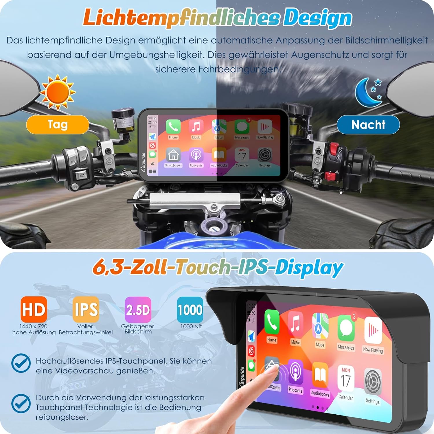Thumbnail 6 de Carpuride W603 Motorrad-CarPlay-Bildschirm mit kabellosem CarPlay/Android Auto, 6,3" Touchscreen & IP67