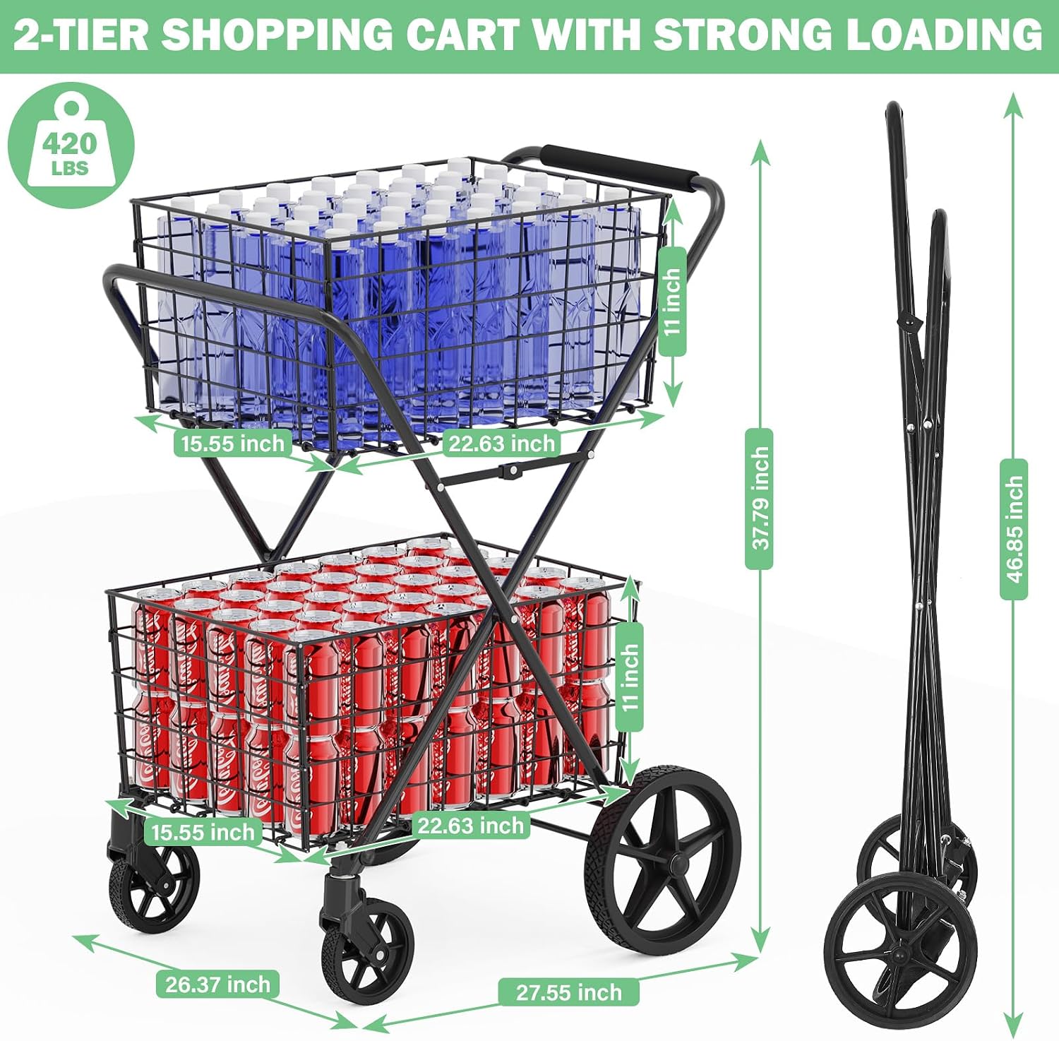 Detalle de RXUJYC 2-Tier Shopping Cart For Groceries 001, Foldable Cart with 2 Baskets