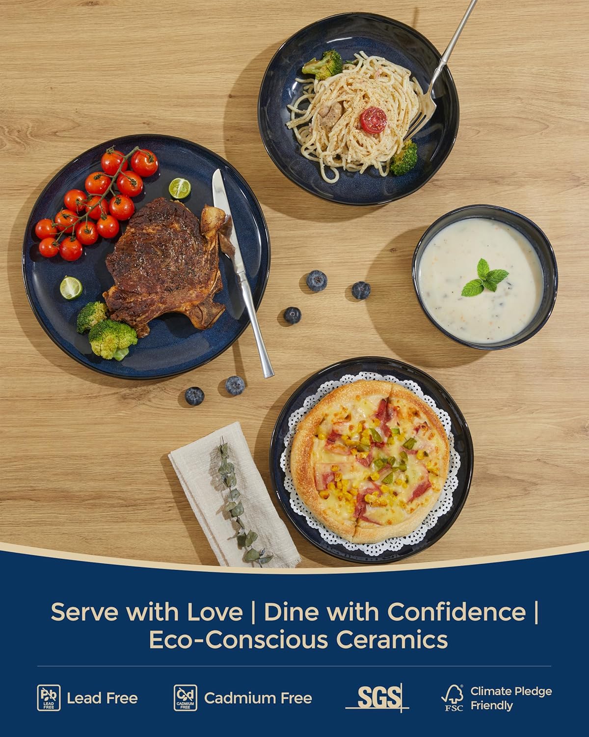 Detalle de Pokini 32-Piece Starry Blue Dinnerware Set with Pasta Bowls for Eight